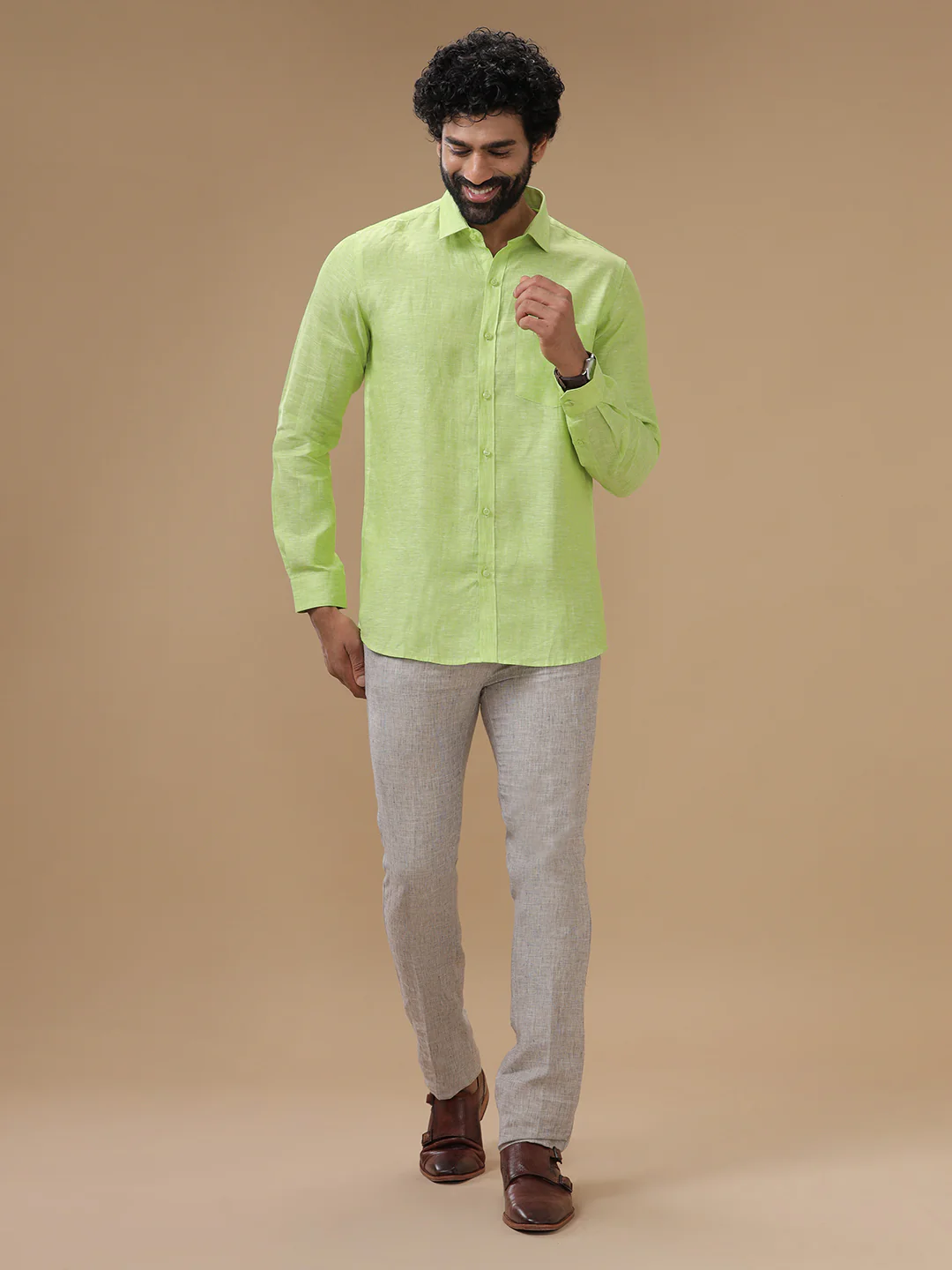 Men Pure Linen Green Shirt L34 - Image 4
