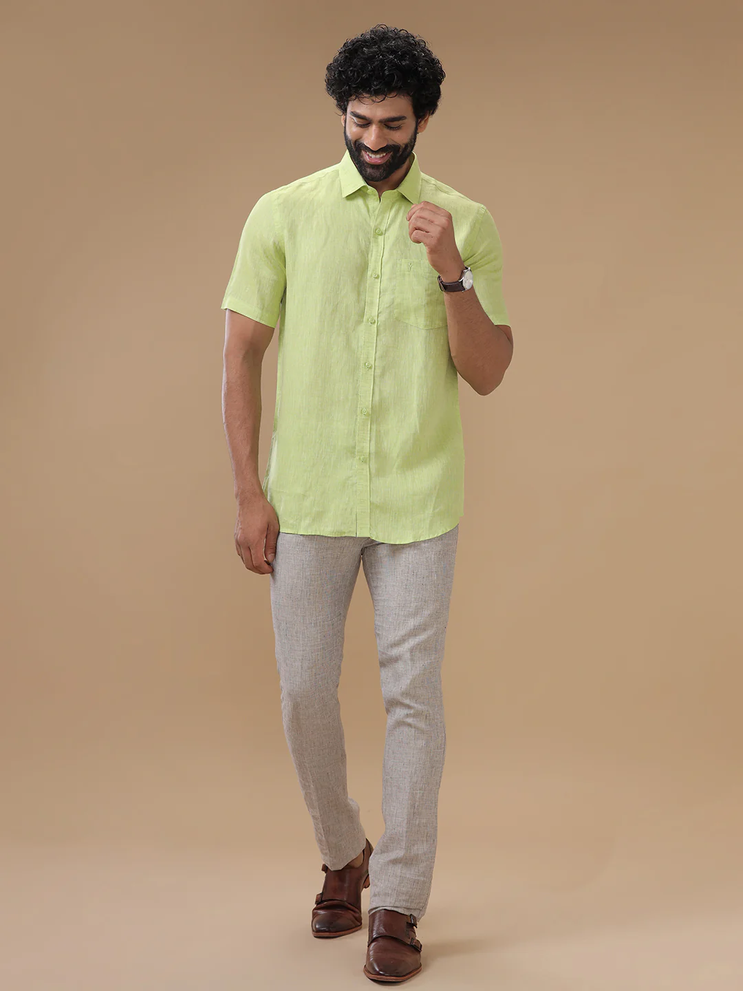 Men Pure Linen Green Shirt L34 - Image 5