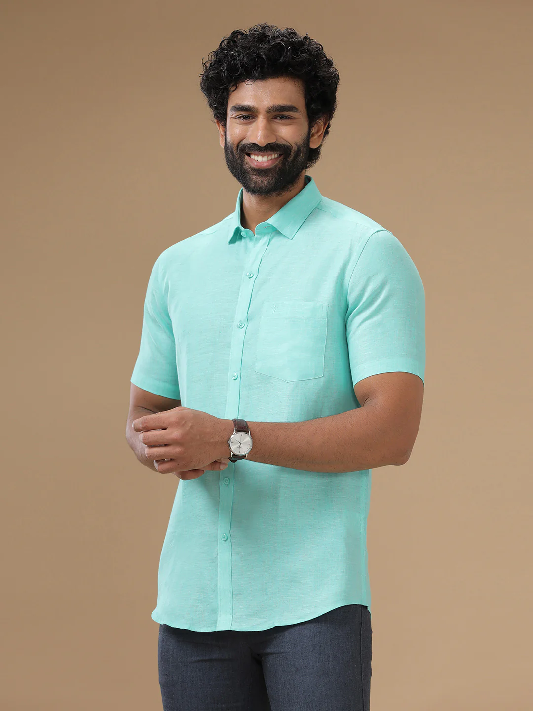 Men Pure Linen Light Blue Shirt L13 - Image 2
