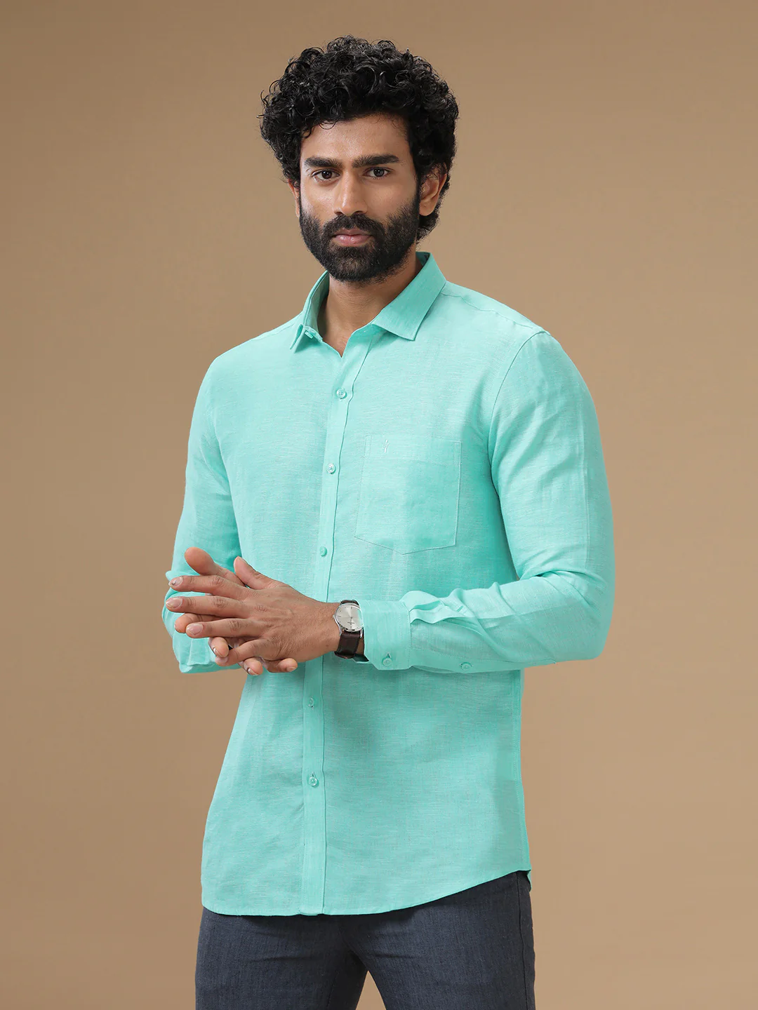 Men Pure Linen Light Blue Shirt L13 - Image 3