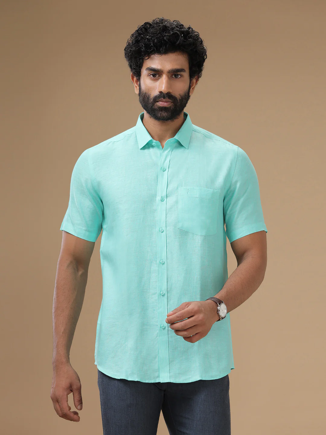 Men Pure Linen Light Blue Shirt L13 - Image 4