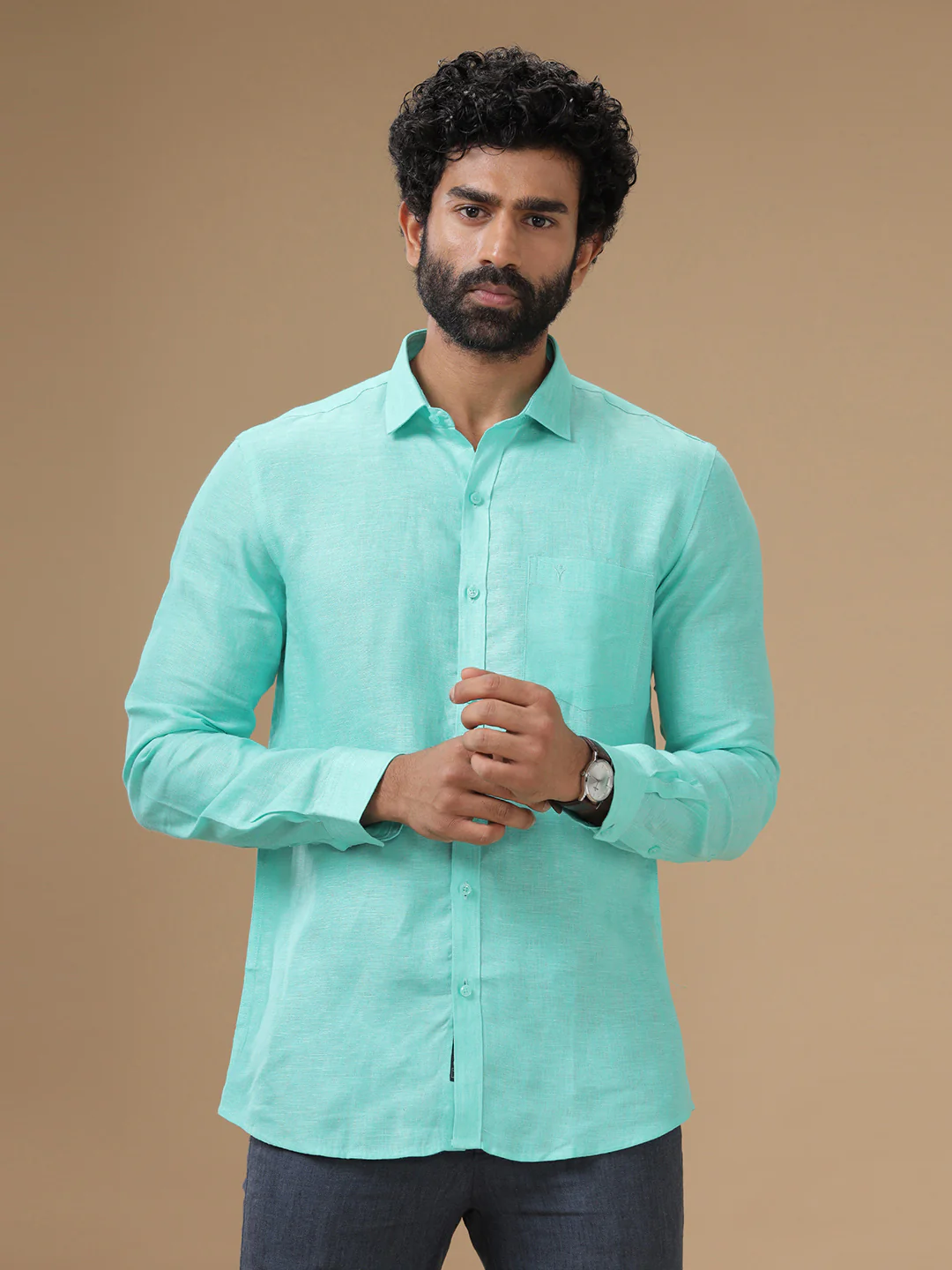 Men Pure Linen Light Blue Shirt L13 - Image 5