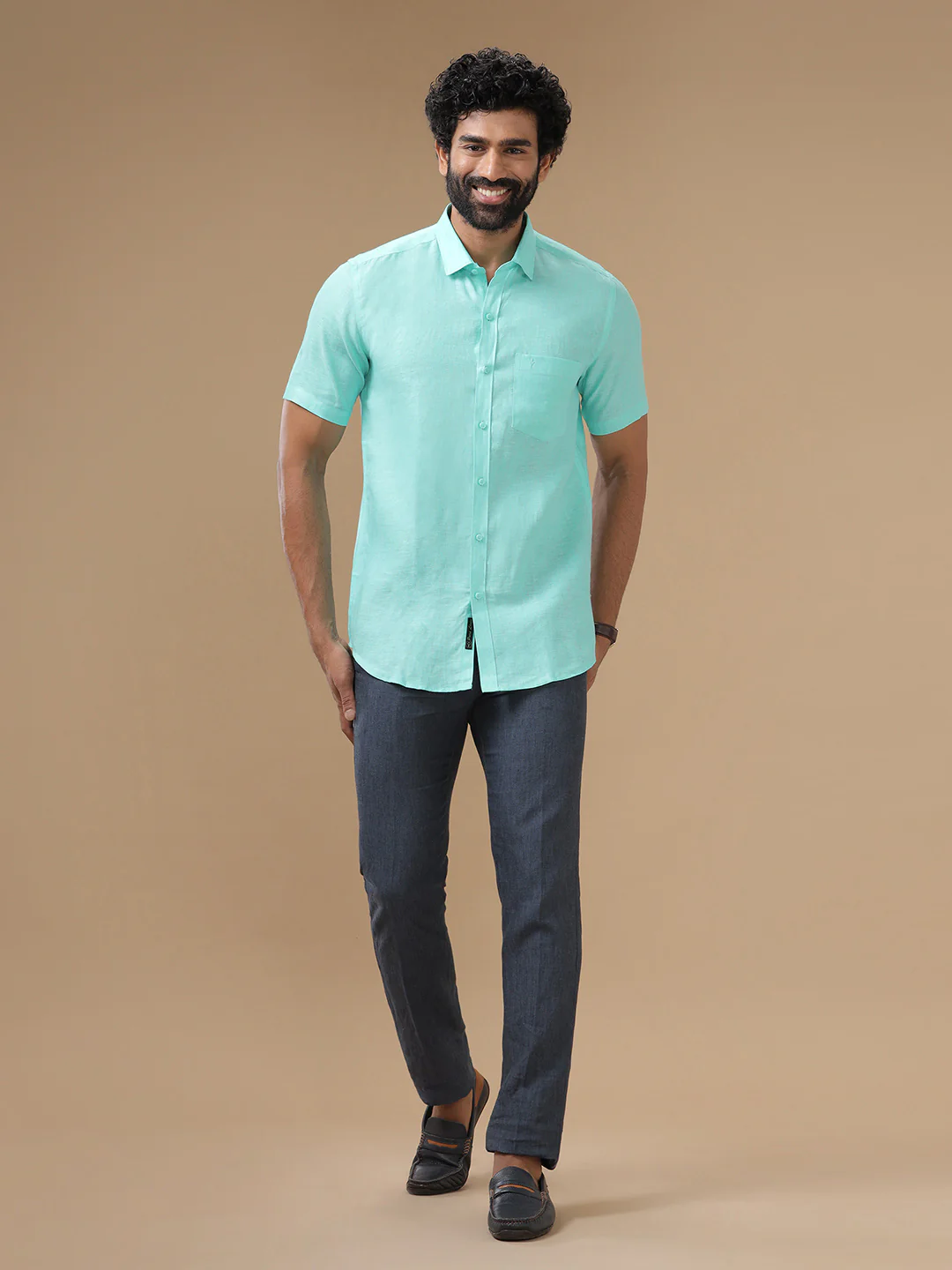 Men Pure Linen Light Blue Shirt L13 - Image 6