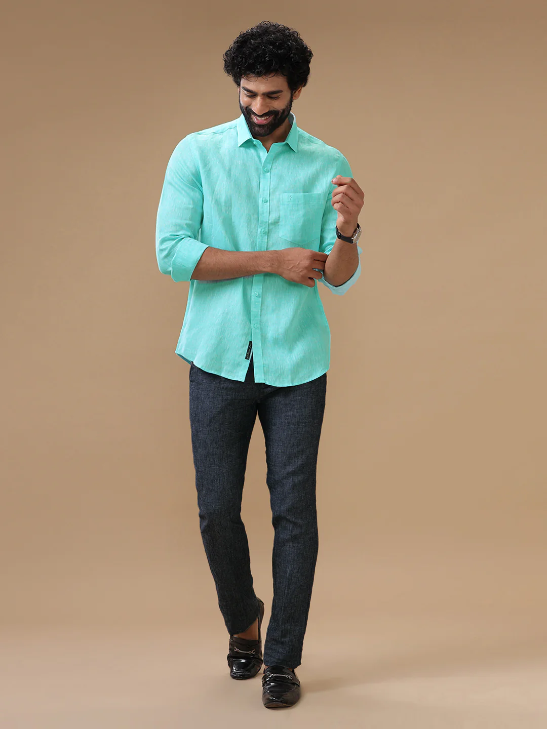 Men Pure Linen Light Blue Shirt L13 - Image 7