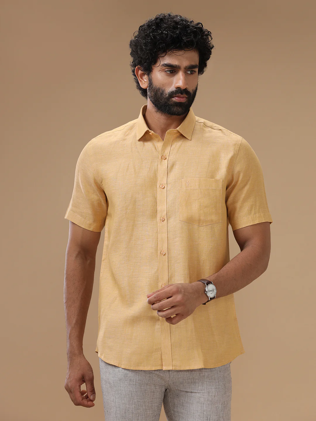 Men Pure Linen Light Orange Shirt L96 - Image 2