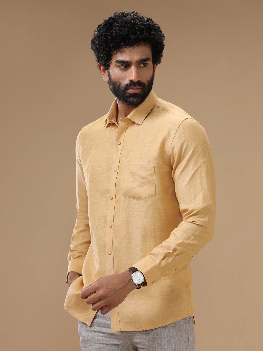 Men Pure Linen Light Orange Shirt L96 - Image 3