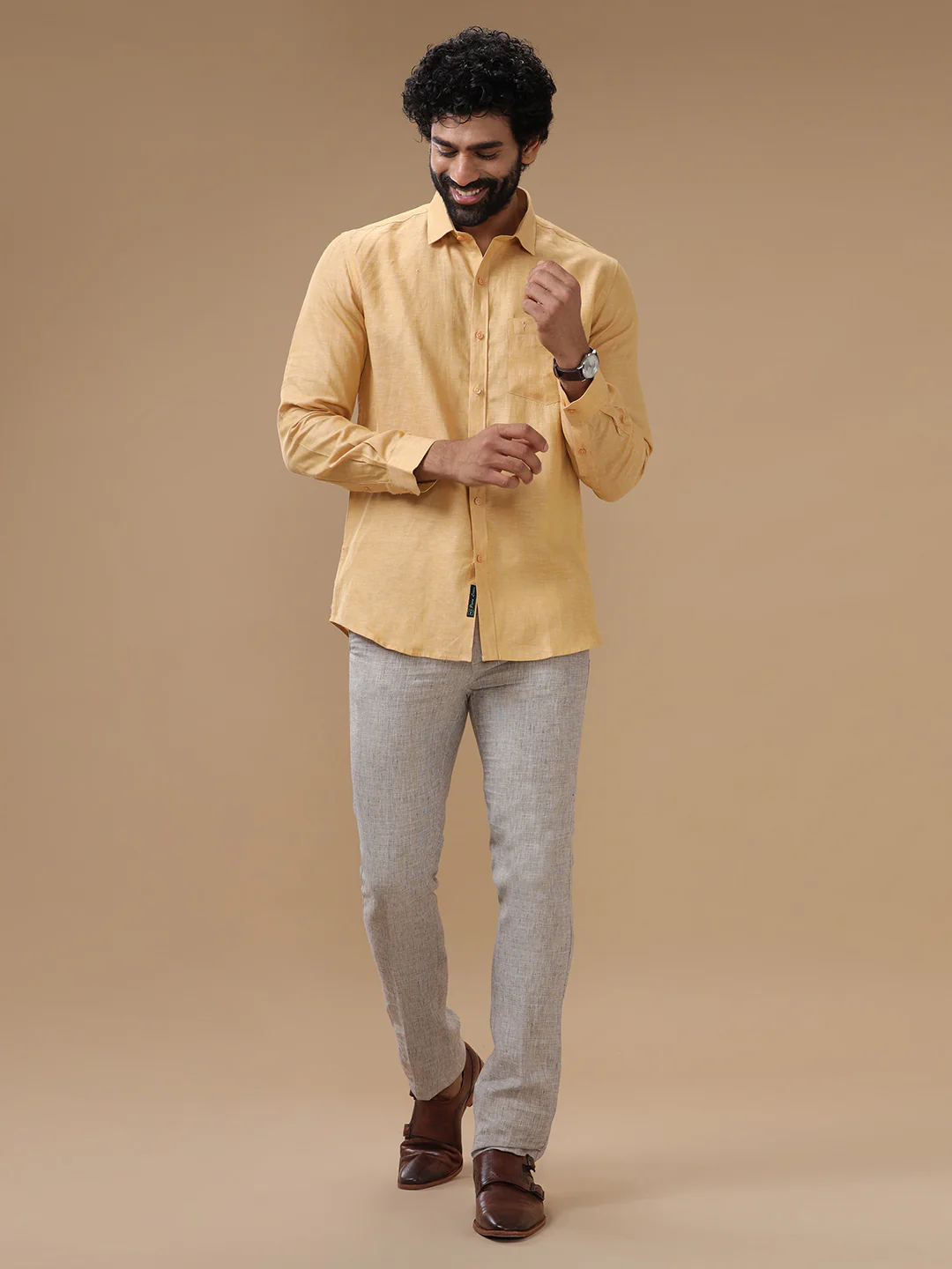 Men Pure Linen Light Orange Shirt L96 - Image 4