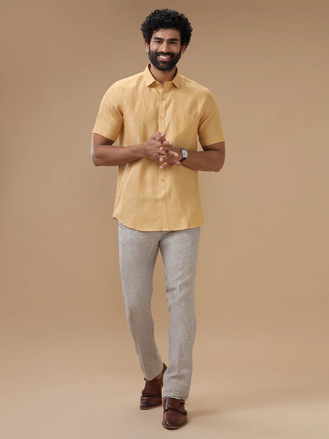 Men Pure Linen Light Orange Shirt L96 - Image 5