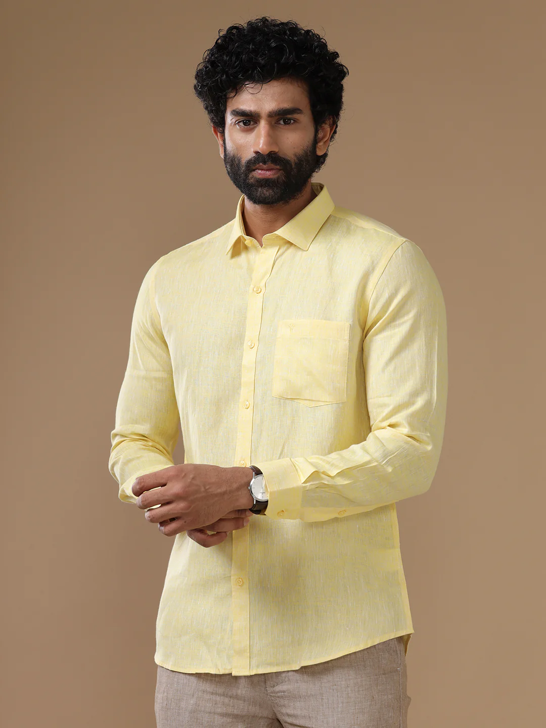 Men Pure Linen Light Yellow Shirt L5