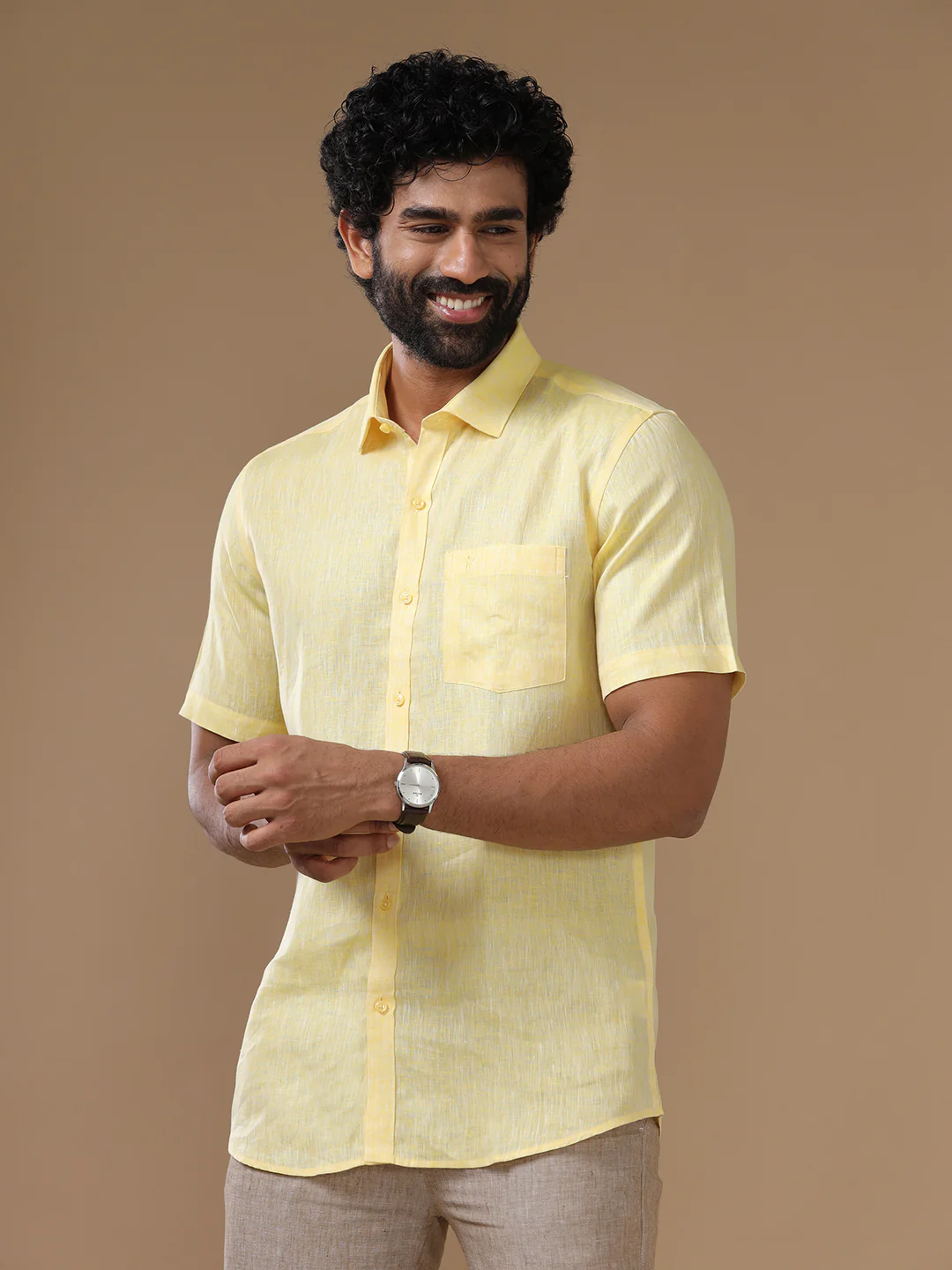 Men Pure Linen Light Yellow Shirt L5 - Image 2