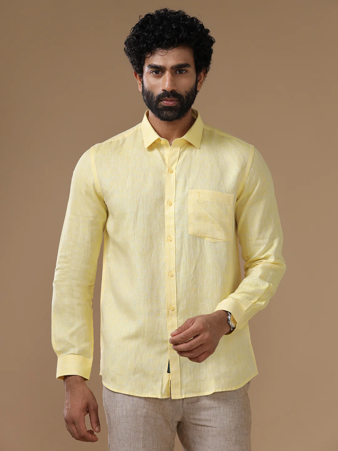 Men Pure Linen Light Yellow Shirt L5 - Image 3