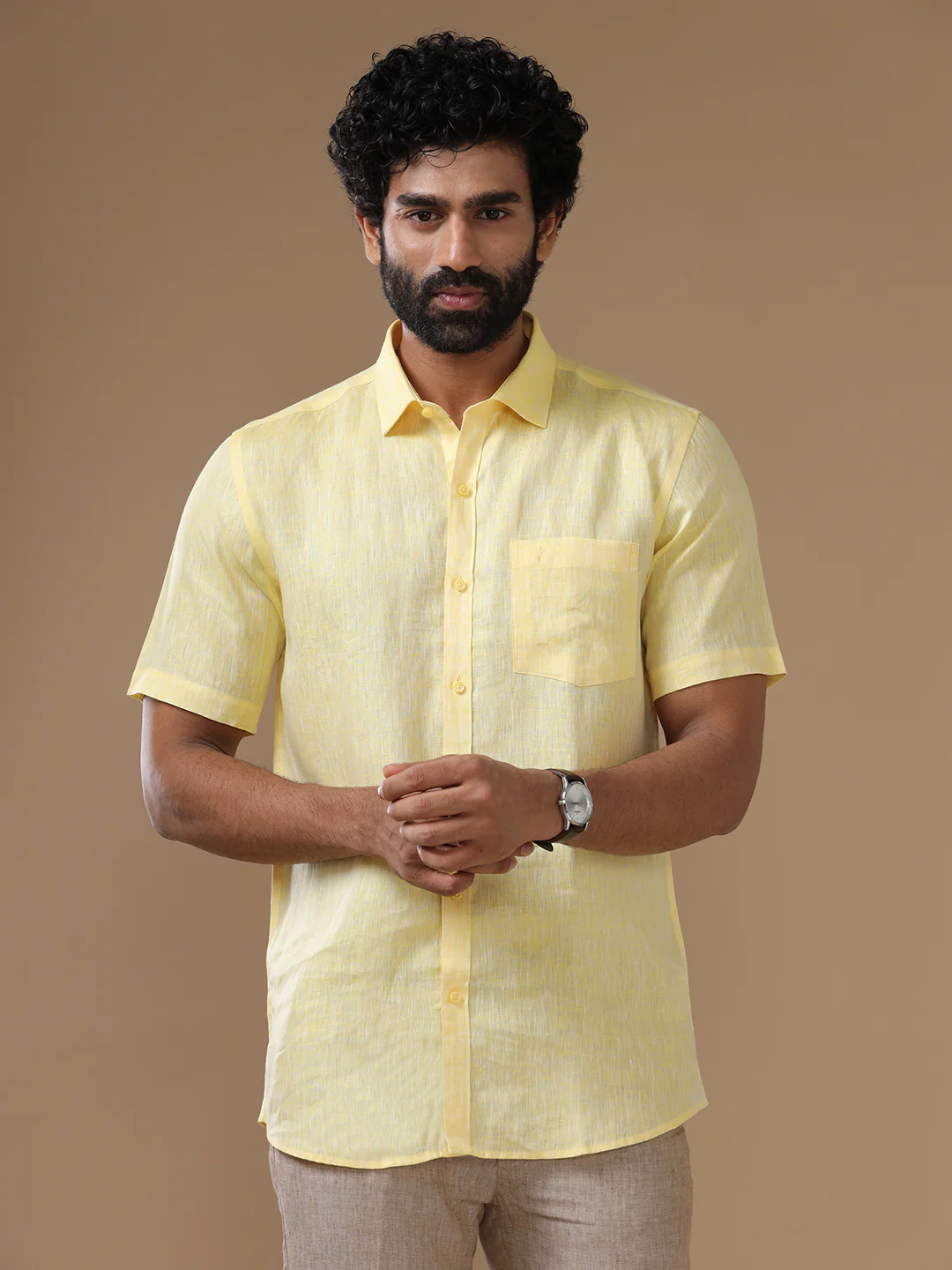 Men Pure Linen Light Yellow Shirt L5 - Image 4