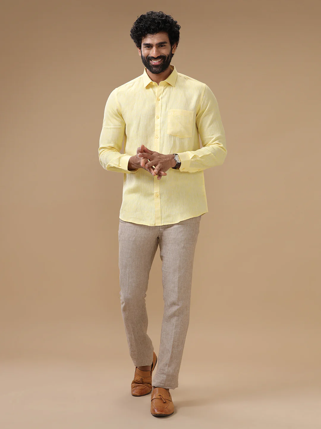 Men Pure Linen Light Yellow Shirt L5 - Image 6