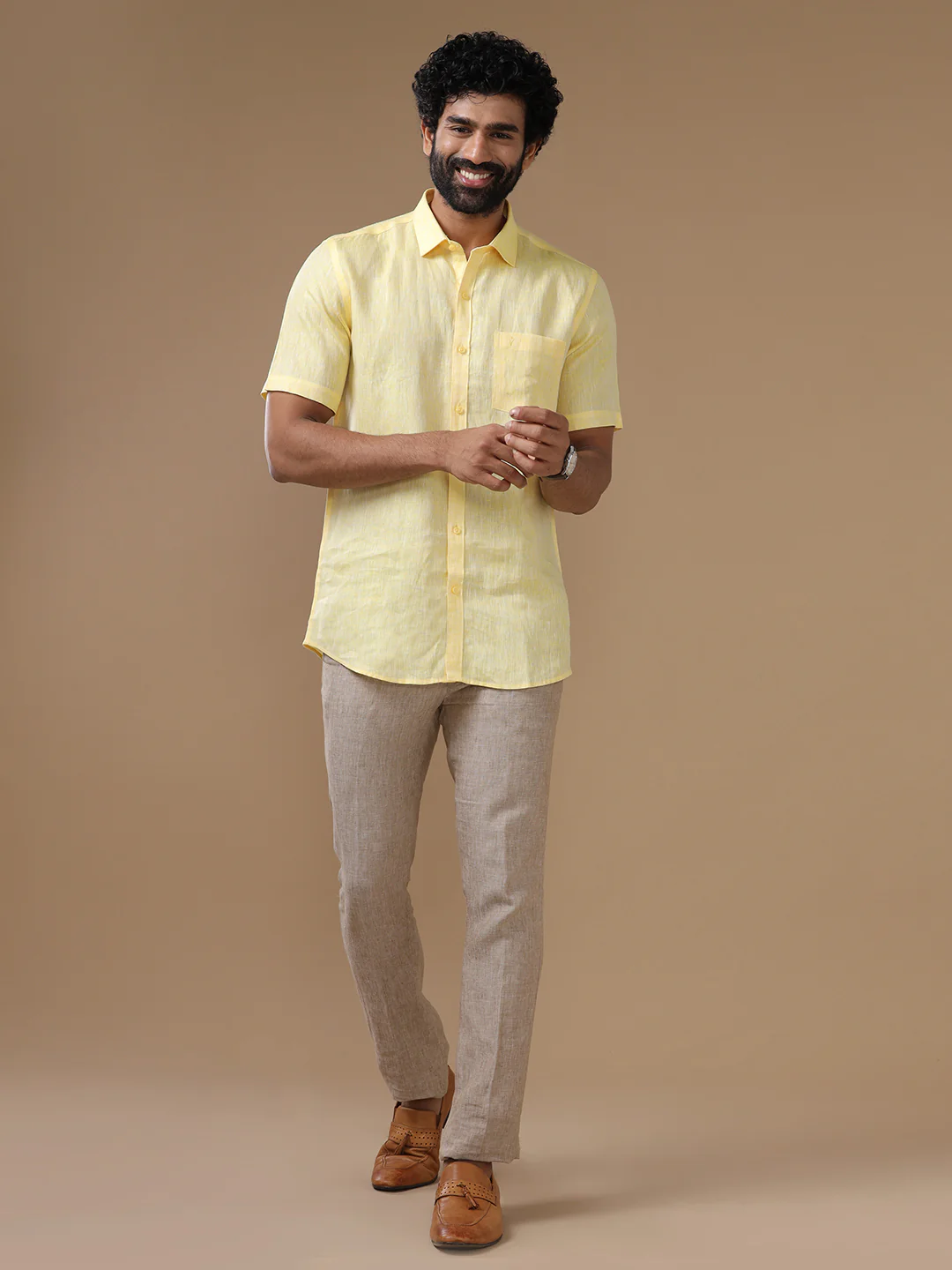 Men Pure Linen Light Yellow Shirt L5 - Image 7