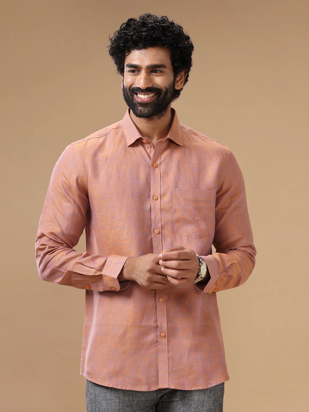 Men Pure Linen Maroon Shirt L80