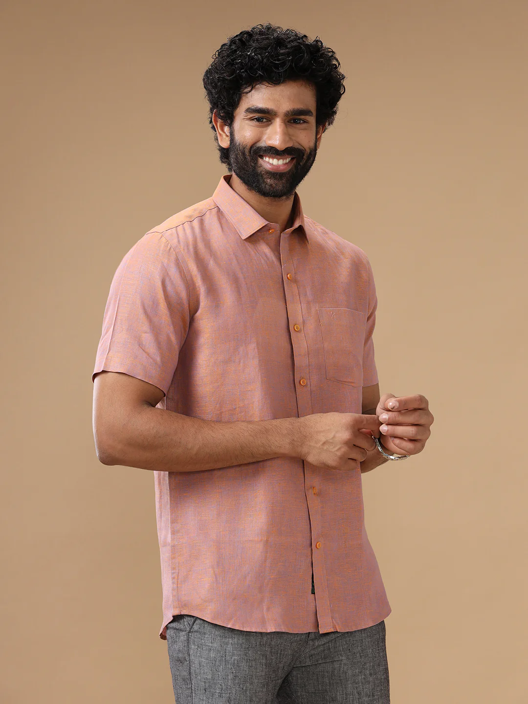 Men Pure Linen Maroon Shirt L80 - Image 2