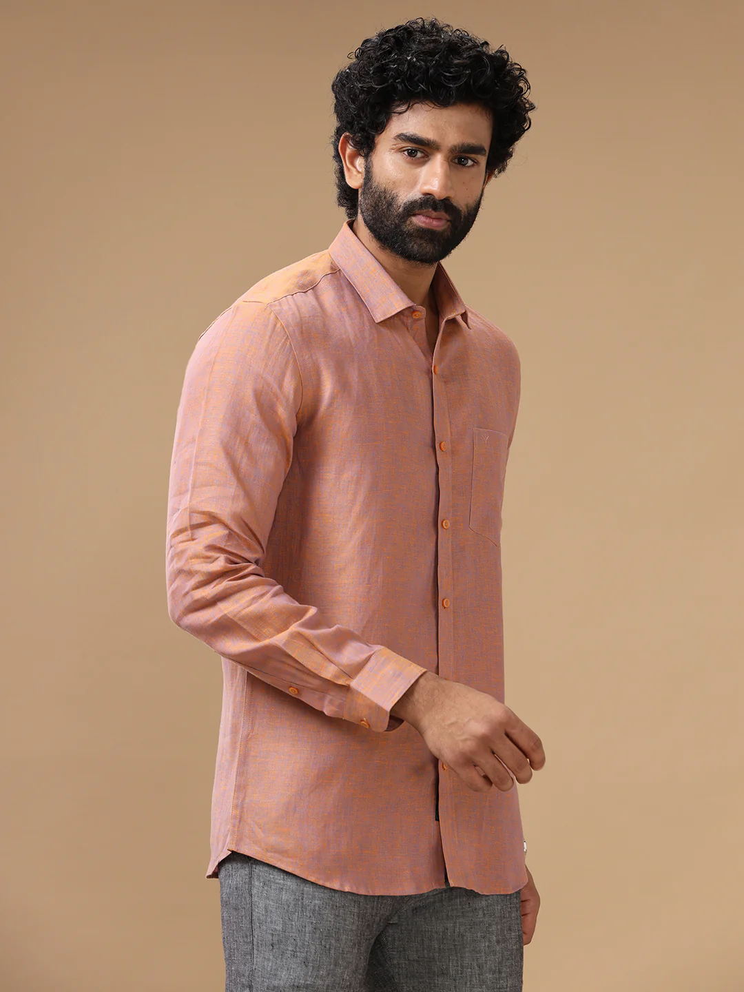 Men Pure Linen Maroon Shirt L80 - Image 3