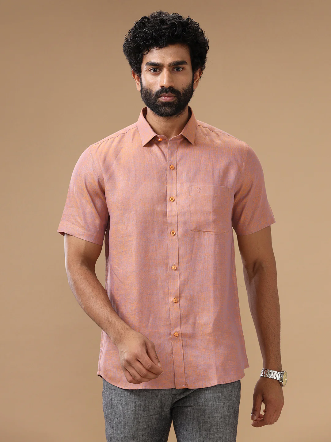 Men Pure Linen Maroon Shirt L80 - Image 4
