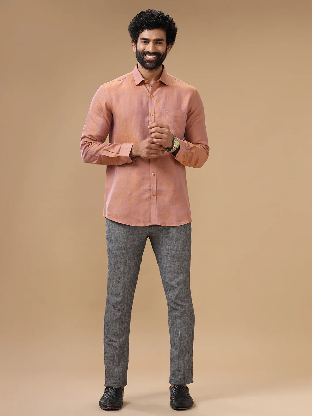 Men Pure Linen Maroon Shirt L80 - Image 6
