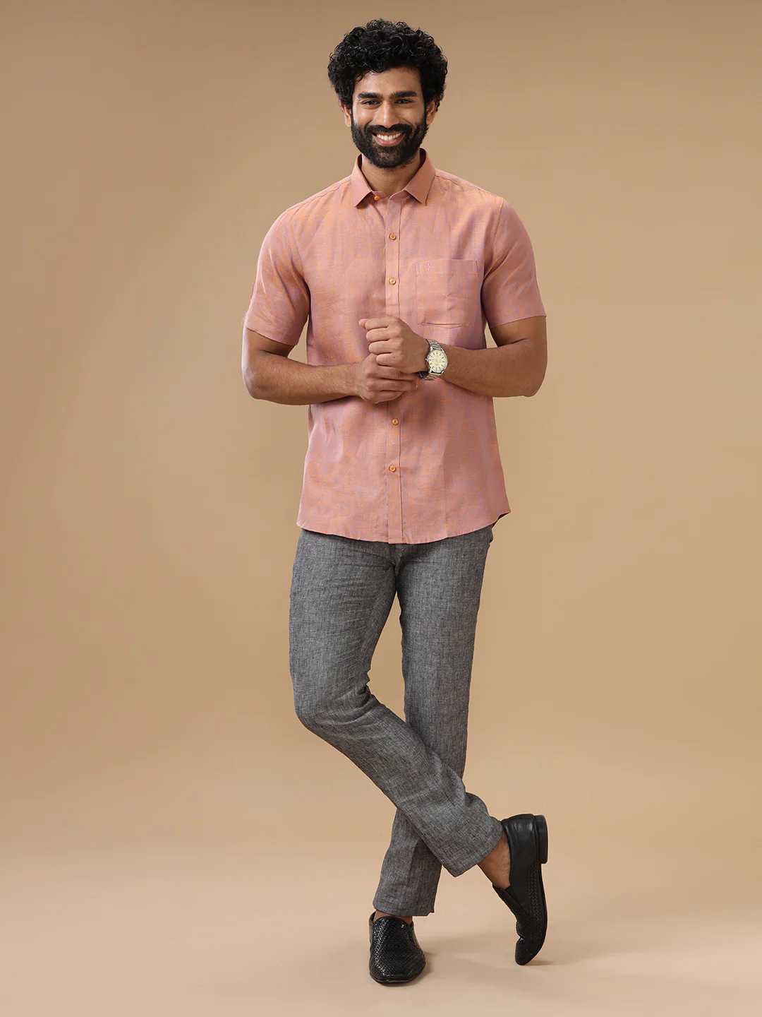 Men Pure Linen Maroon Shirt L80 - Image 7