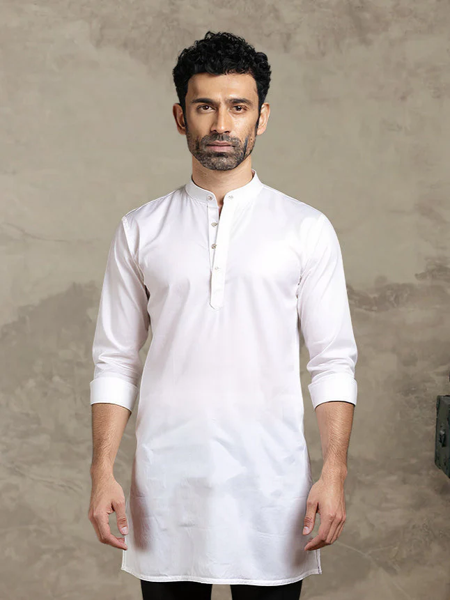 Men Pure Linen Medium Length Kurta White PL M17