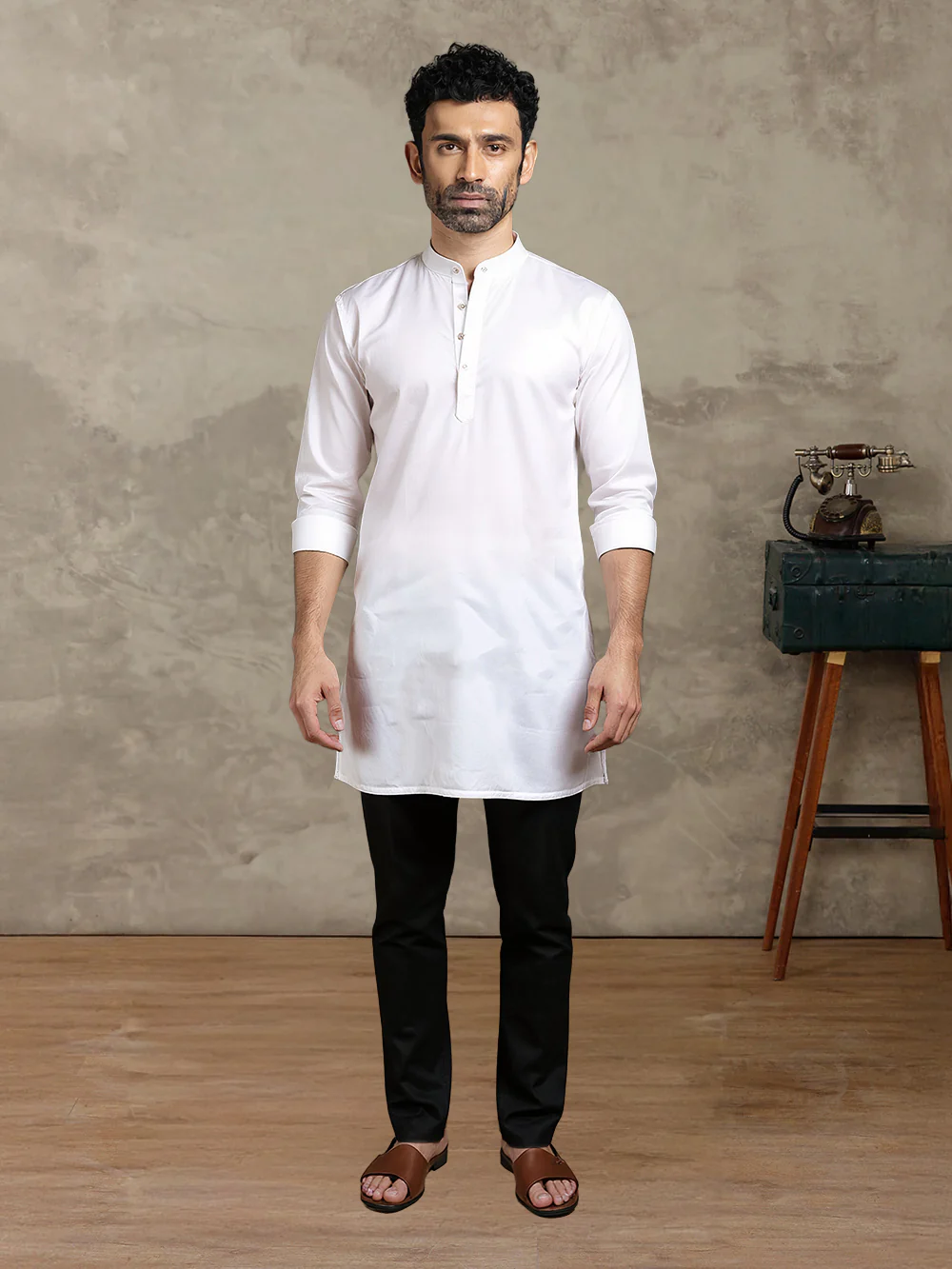 Men Pure Linen Medium Length Kurta White PL M17 - Image 2