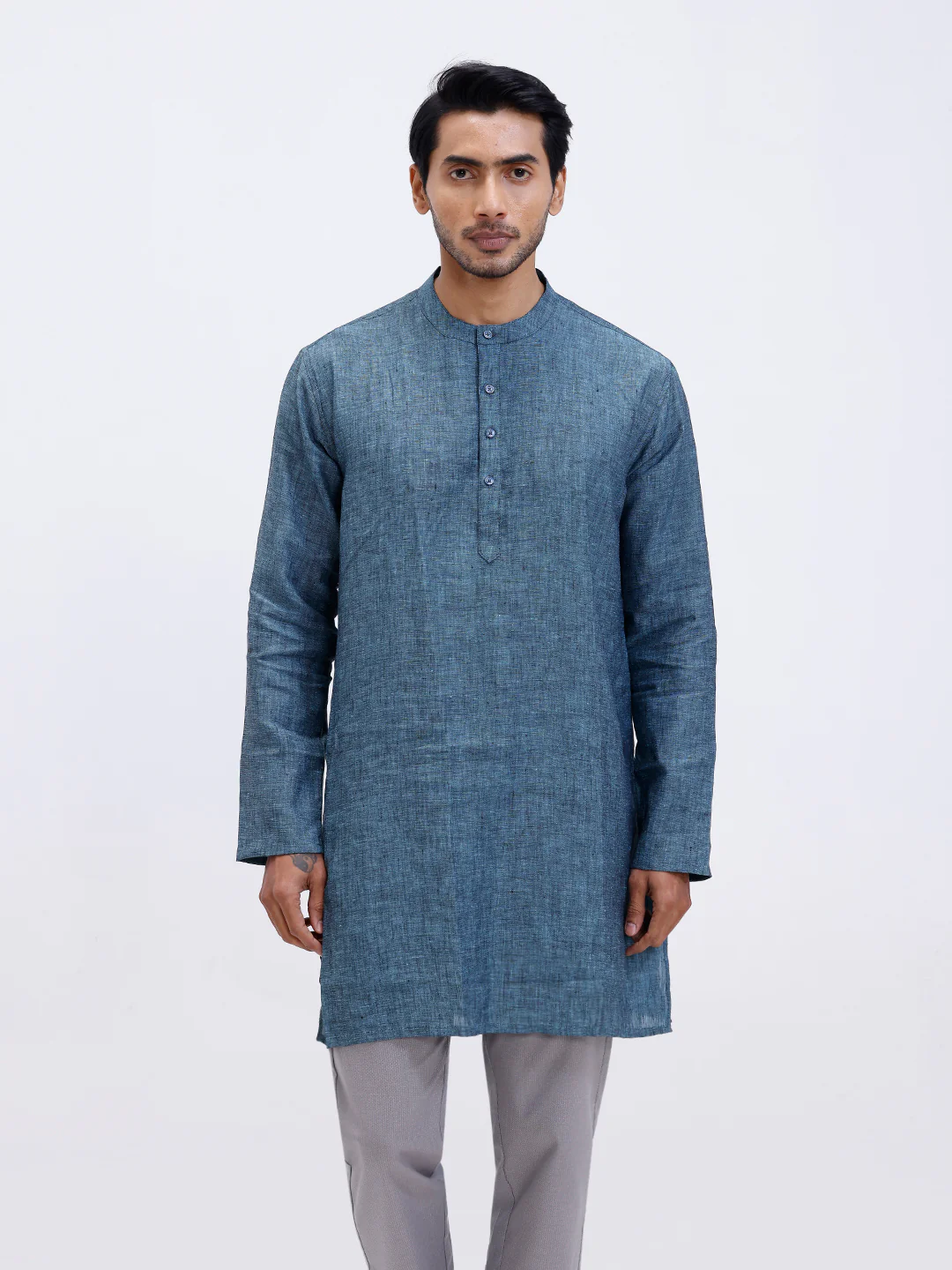 Men Pure Linen Medium Length Plain Pocket Kurta Greenish Blue KAL2