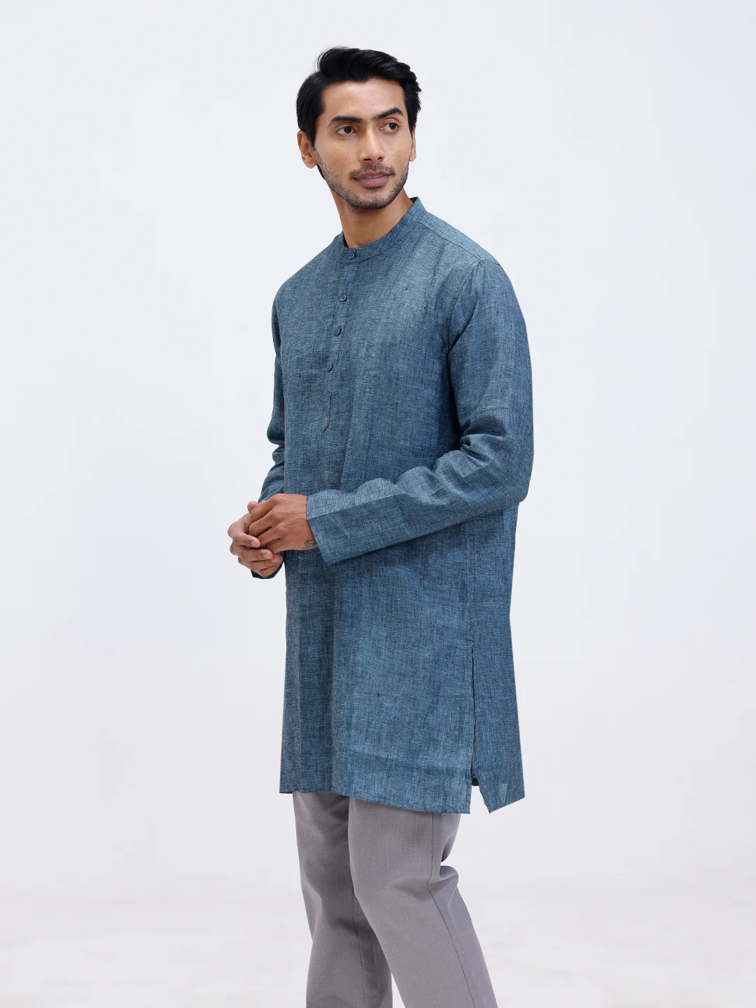 Men Pure Linen Medium Length Plain Pocket Kurta Greenish Blue KAL2 - Image 2