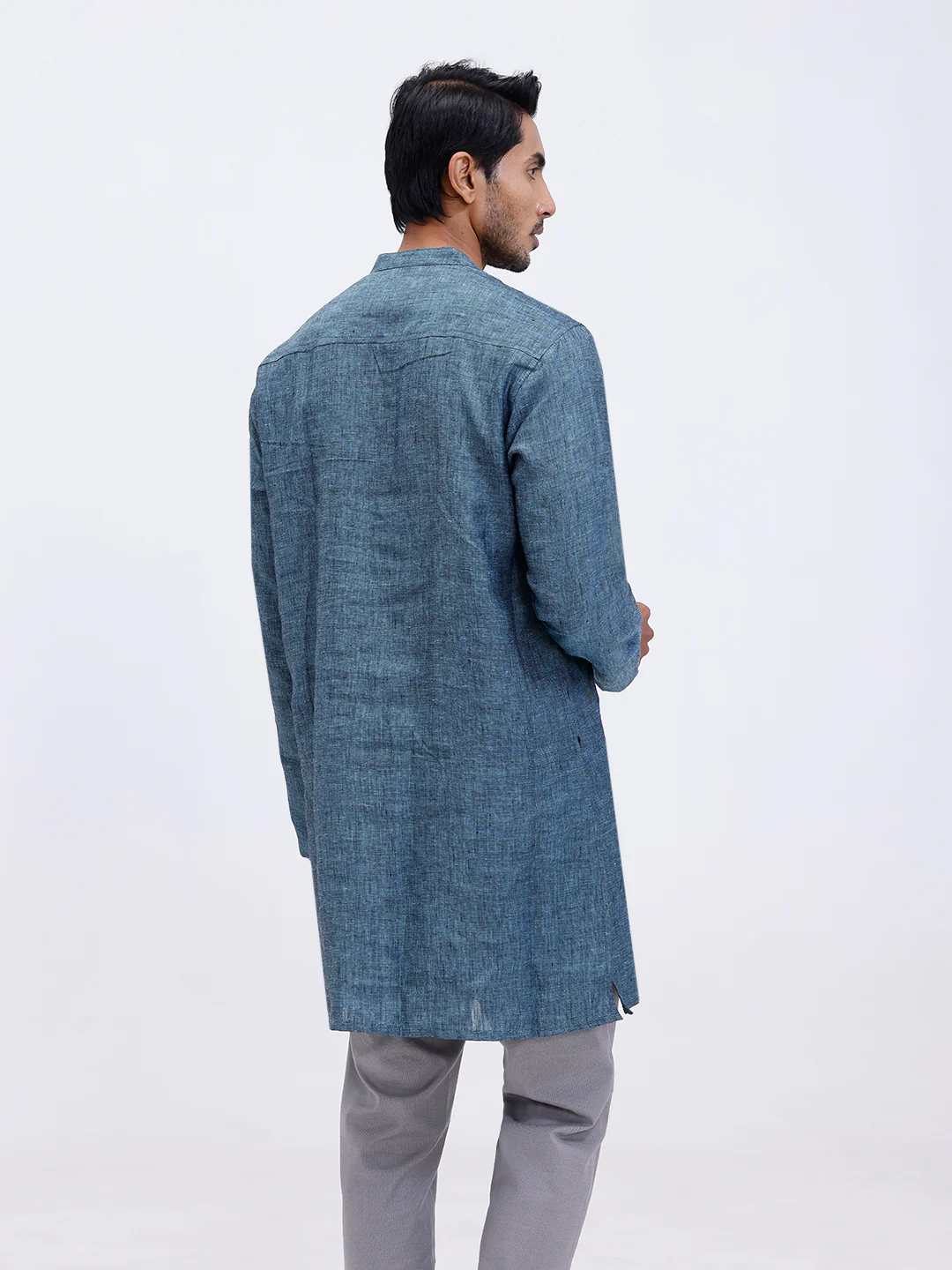Men Pure Linen Medium Length Plain Pocket Kurta Greenish Blue KAL2 - Image 3