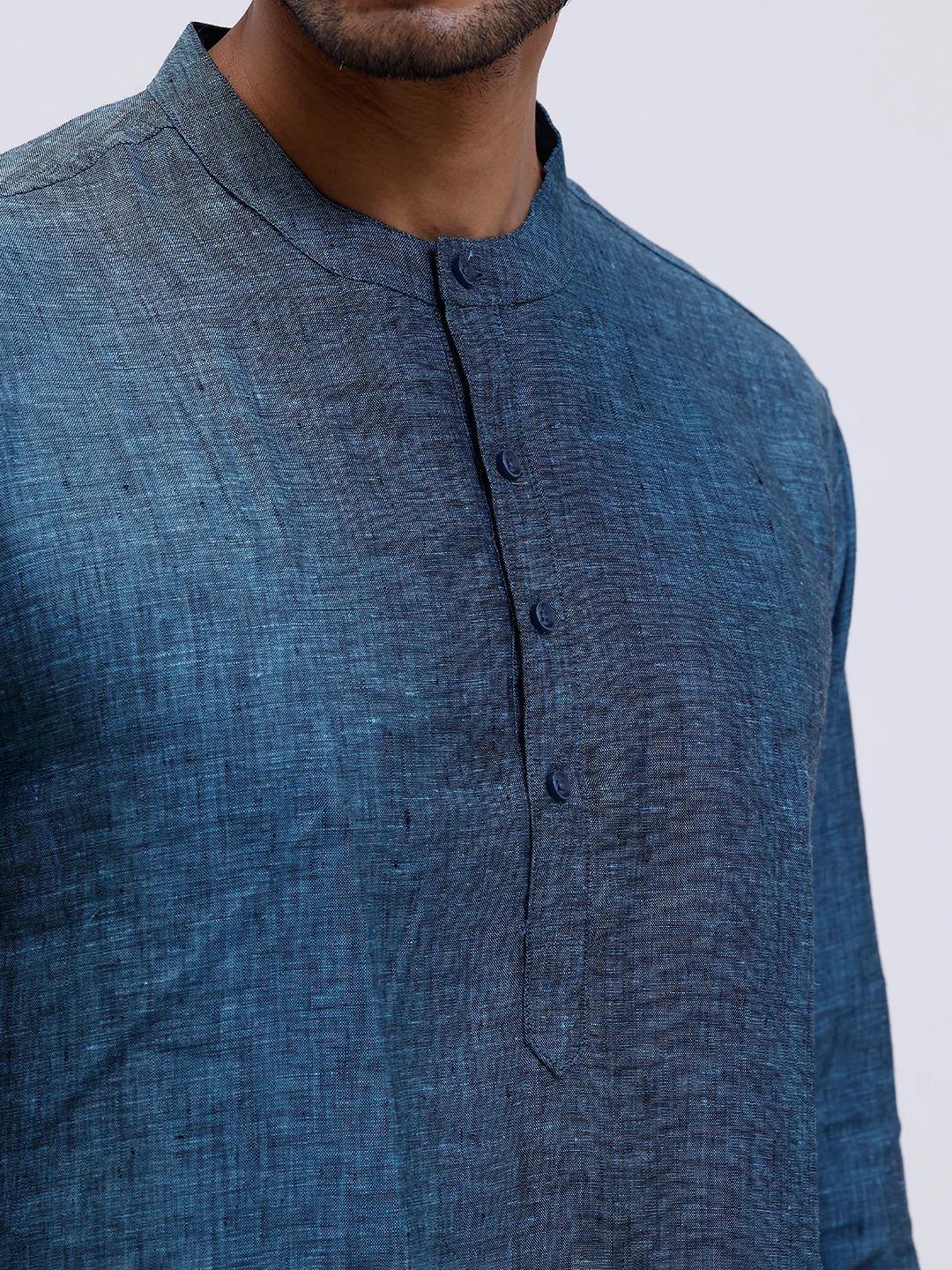 Men Pure Linen Medium Length Plain Pocket Kurta Greenish Blue KAL2 - Image 4