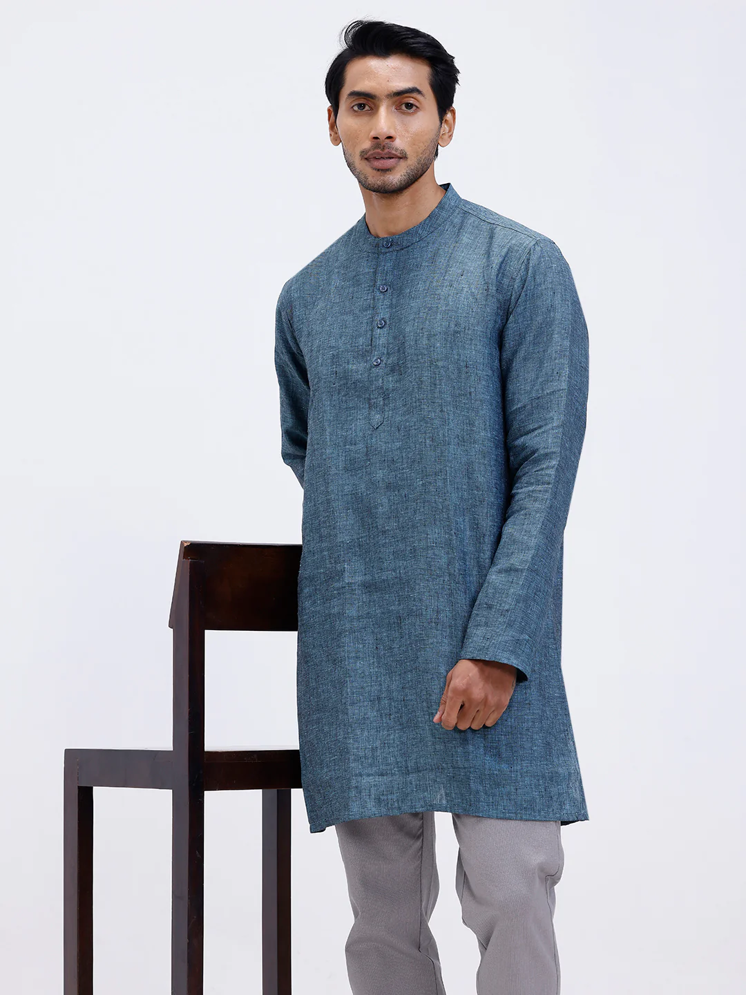 Men Pure Linen Medium Length Plain Pocket Kurta Greenish Blue KAL2 - Image 5