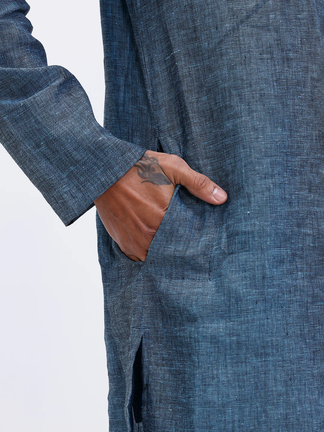 Men Pure Linen Medium Length Plain Pocket Kurta Greenish Blue KAL2 - Image 6