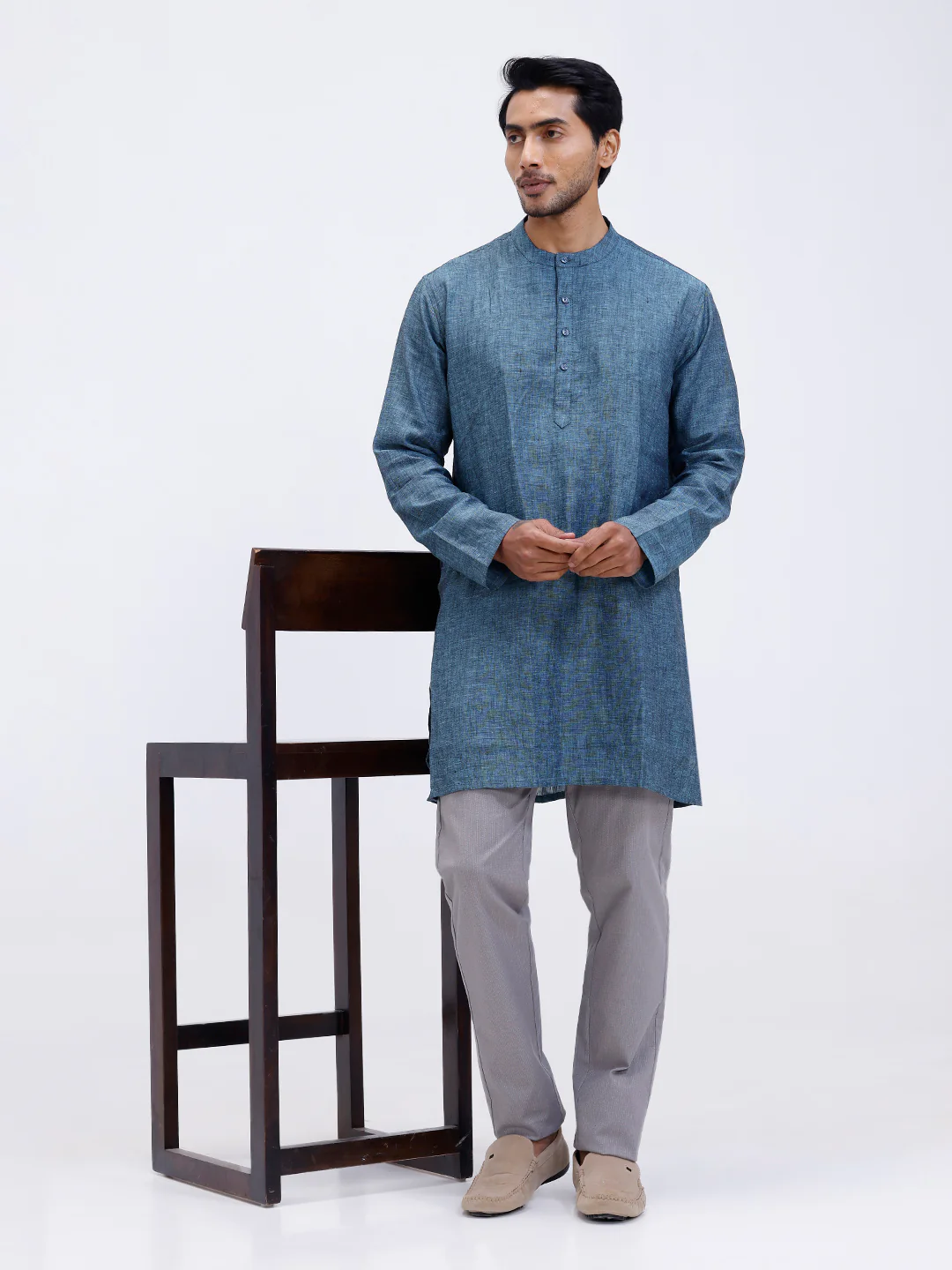 Men Pure Linen Medium Length Plain Pocket Kurta Greenish Blue KAL2 - Image 7