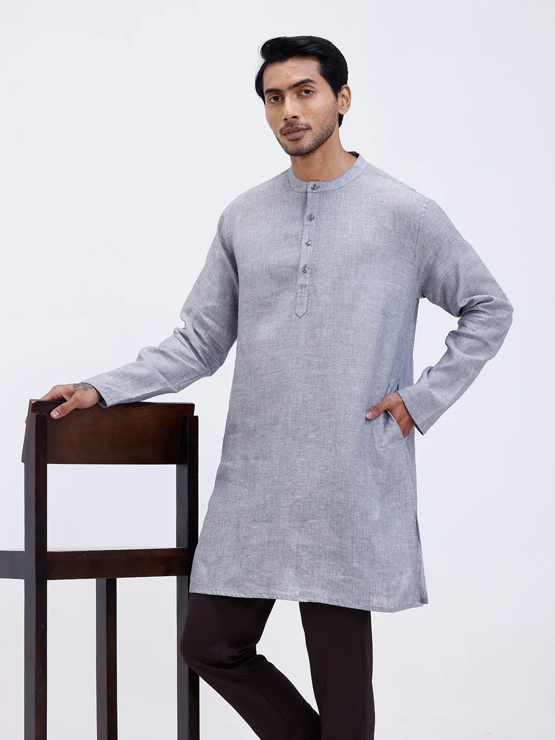 Men Pure Linen Medium Length Plain Pocket Kurta Grey KAL13 - Image 2