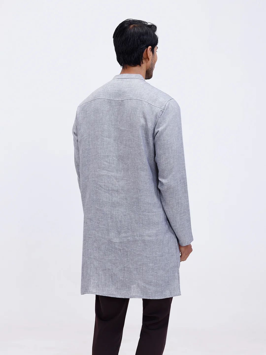 Men Pure Linen Medium Length Plain Pocket Kurta Grey KAL13 - Image 3