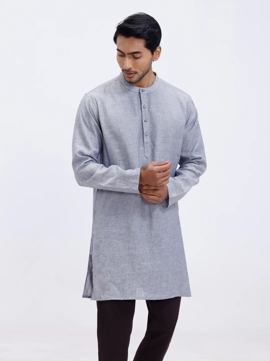 Men Pure Linen Medium Length Plain Pocket Kurta Grey KAL13 - Image 4