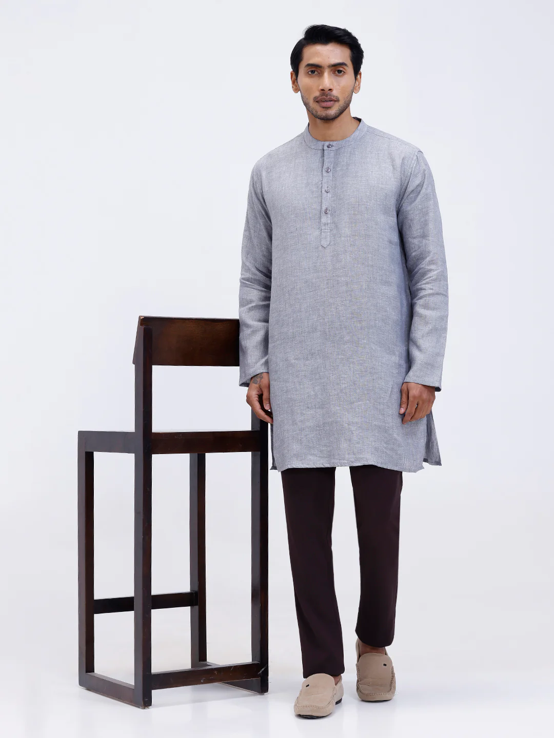 Men Pure Linen Medium Length Plain Pocket Kurta Grey KAL13 - Image 7