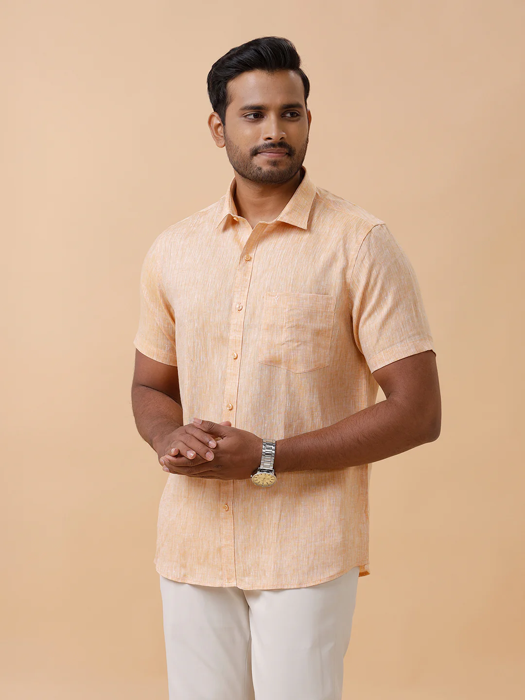 Men Pure Linen Pale Orange Shirt L19 - Image 2