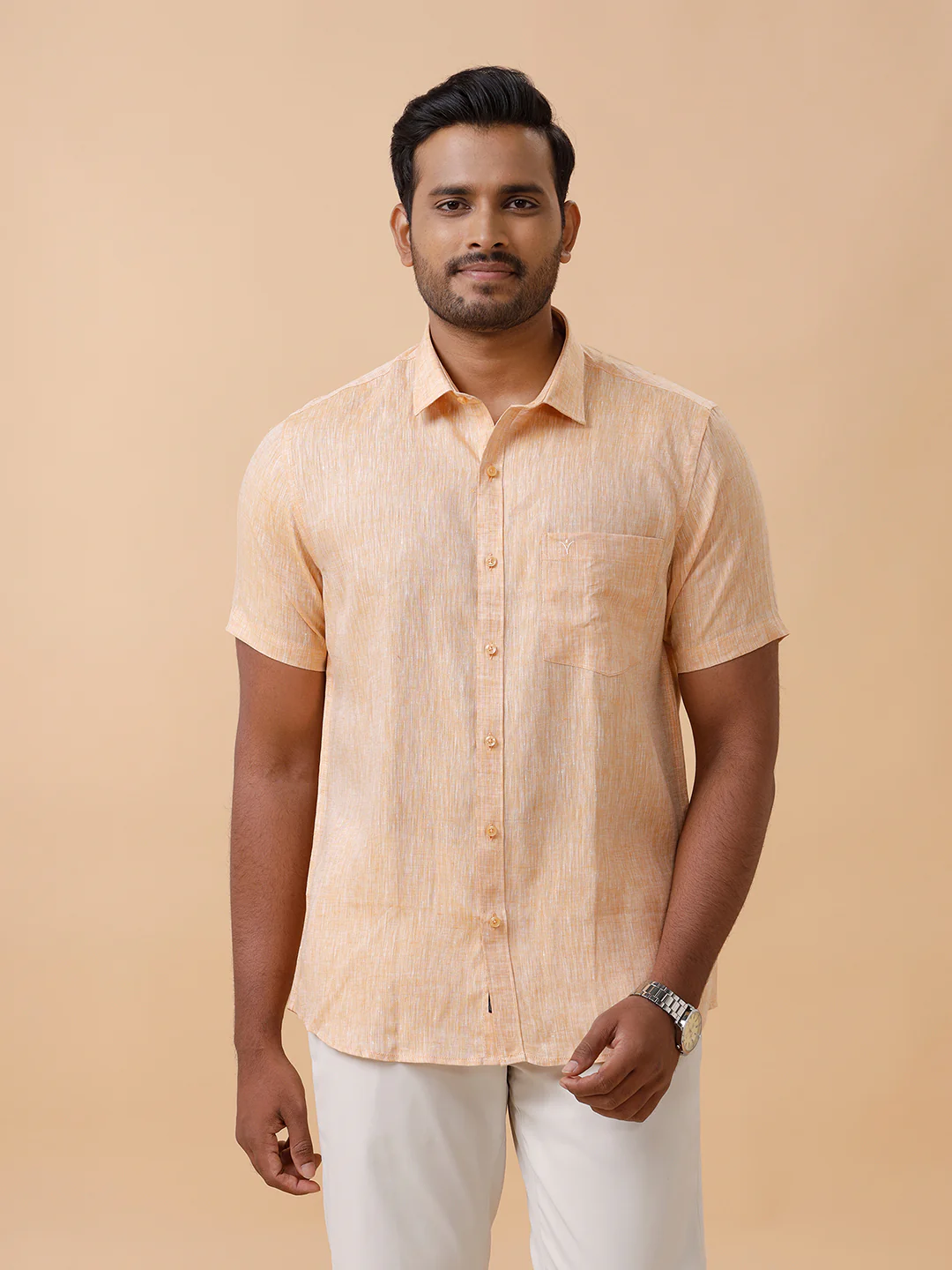 Men Pure Linen Pale Orange Shirt L19 - Image 4