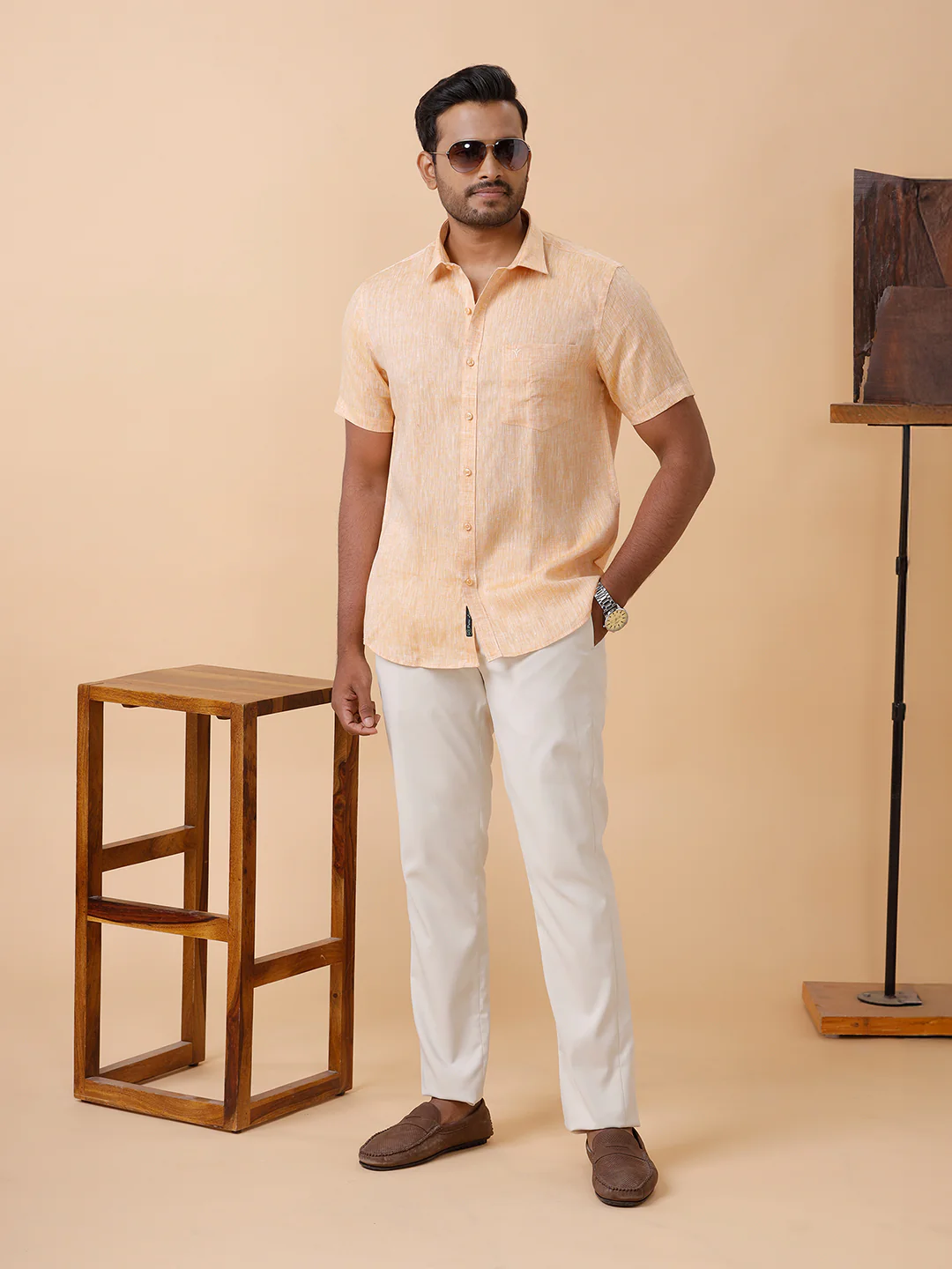Men Pure Linen Pale Orange Shirt L19 - Image 6