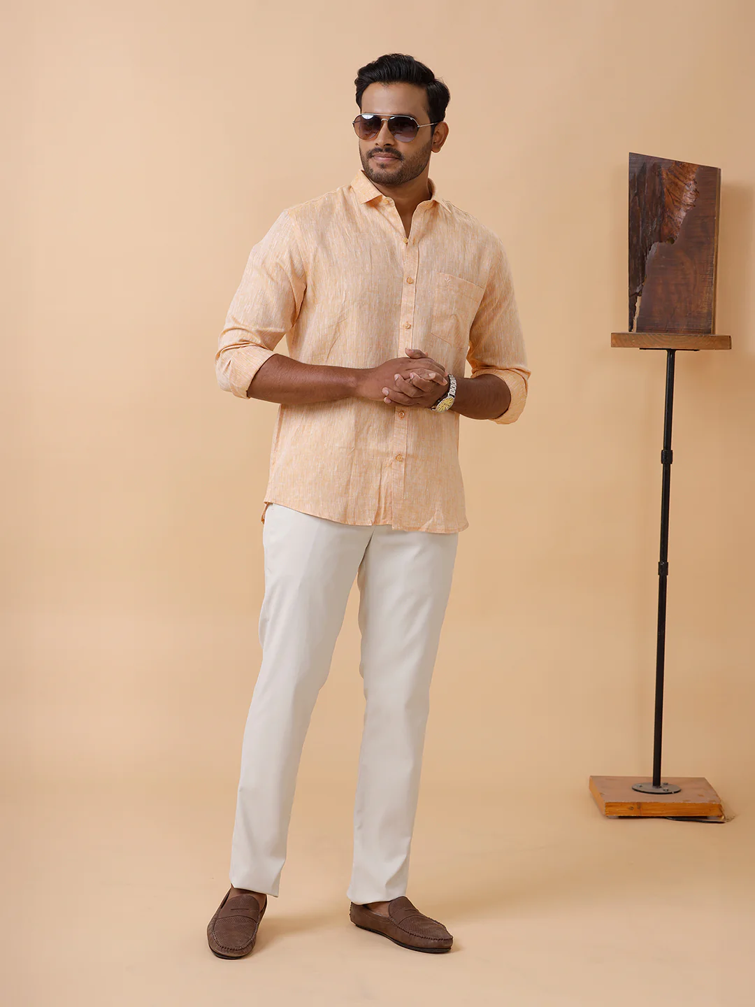 Men Pure Linen Pale Orange Shirt L19 - Image 7