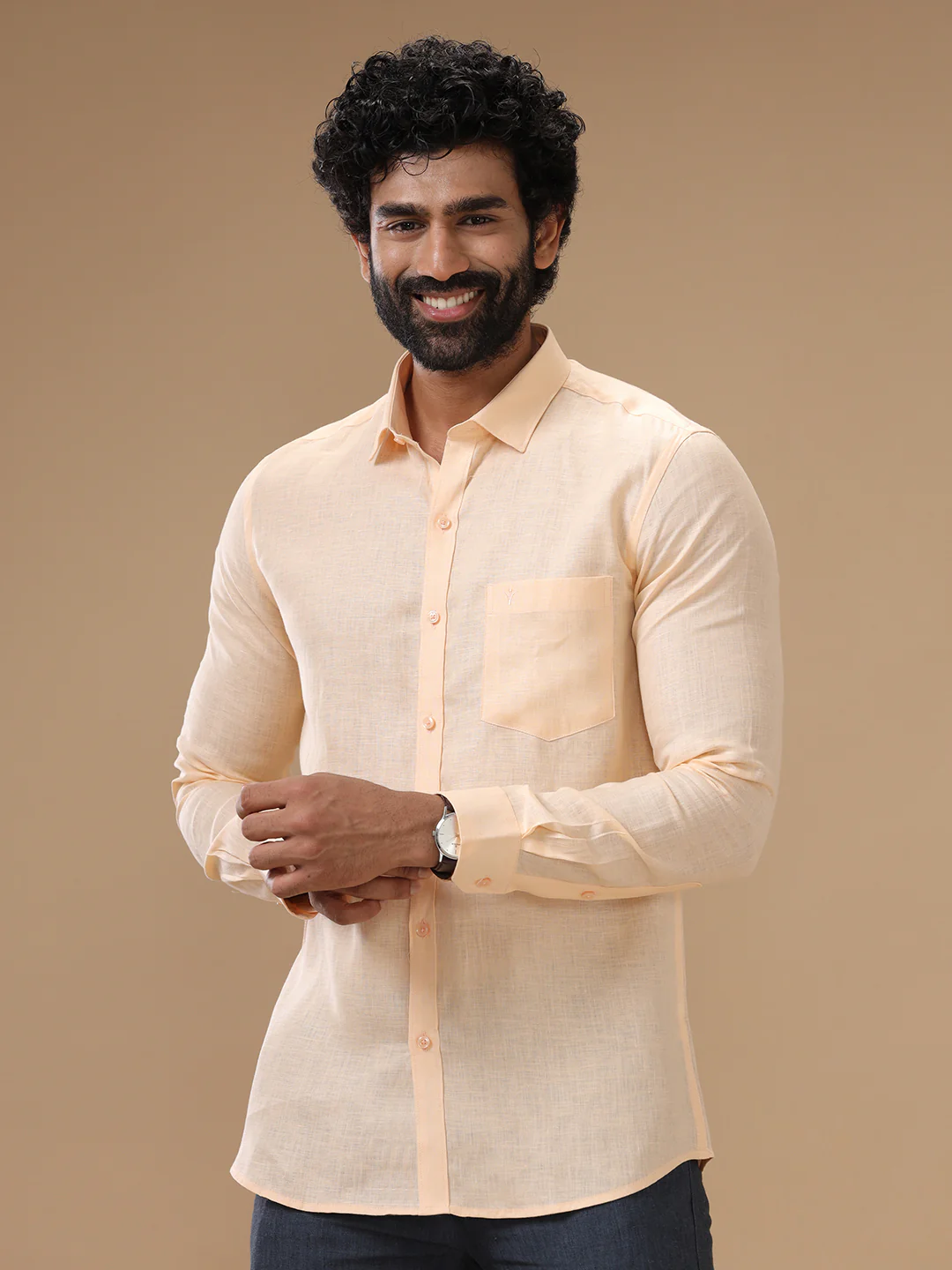 Men Pure Linen Pale Orange Shirt L88 - Image 3