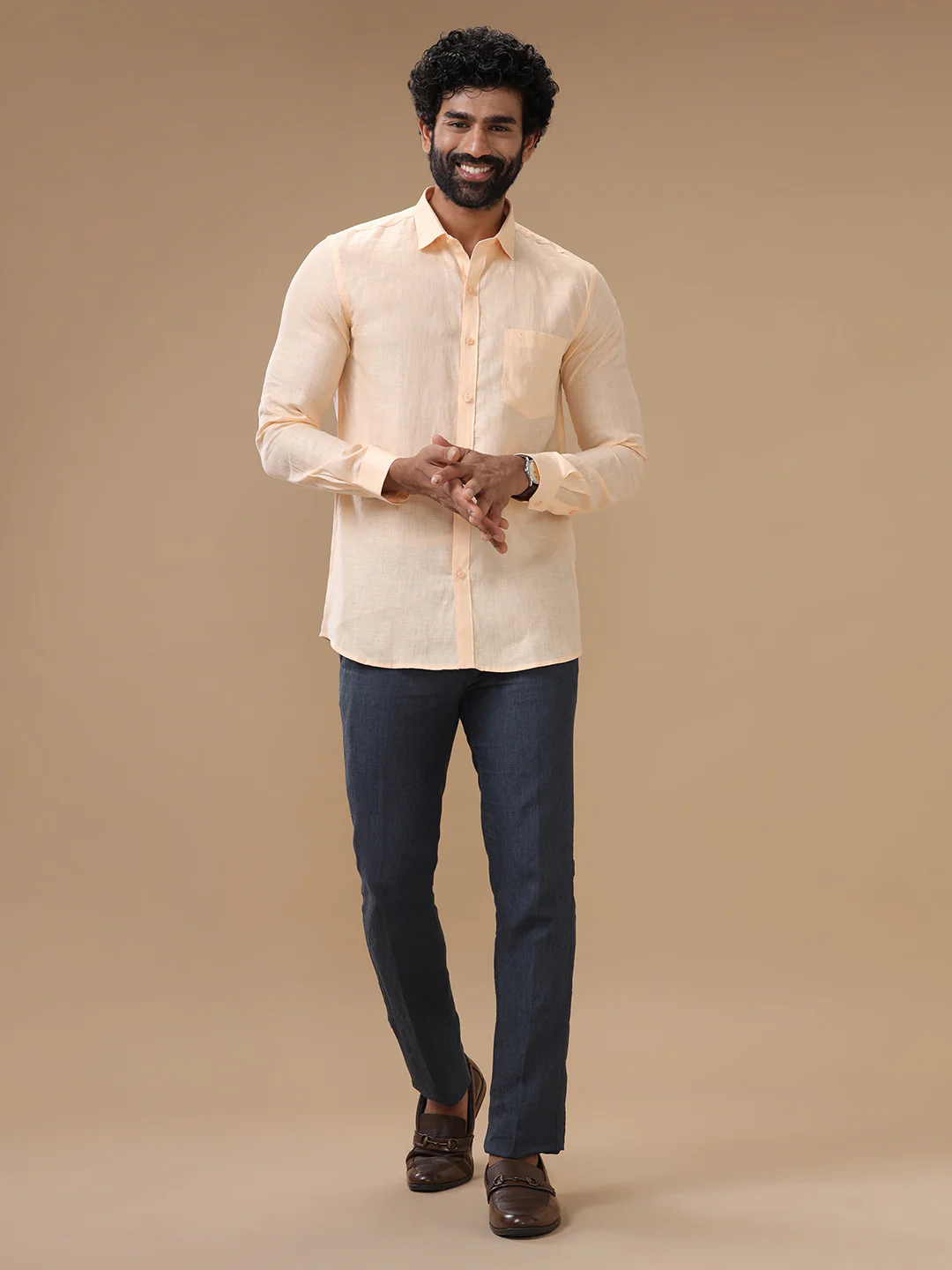 Men Pure Linen Pale Orange Shirt L88 - Image 4