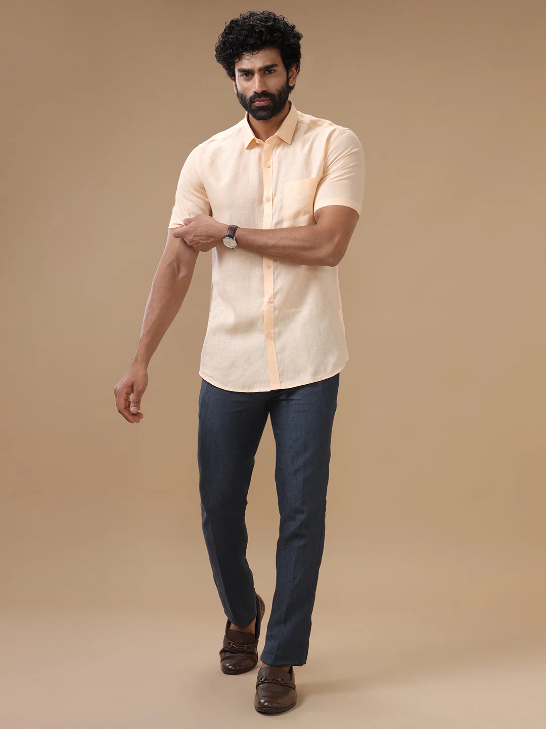 Men Pure Linen Pale Orange Shirt L88 - Image 5