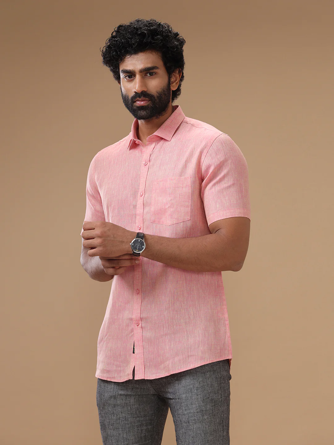 Men Pure Linen Pink Shirt L73 - Image 2