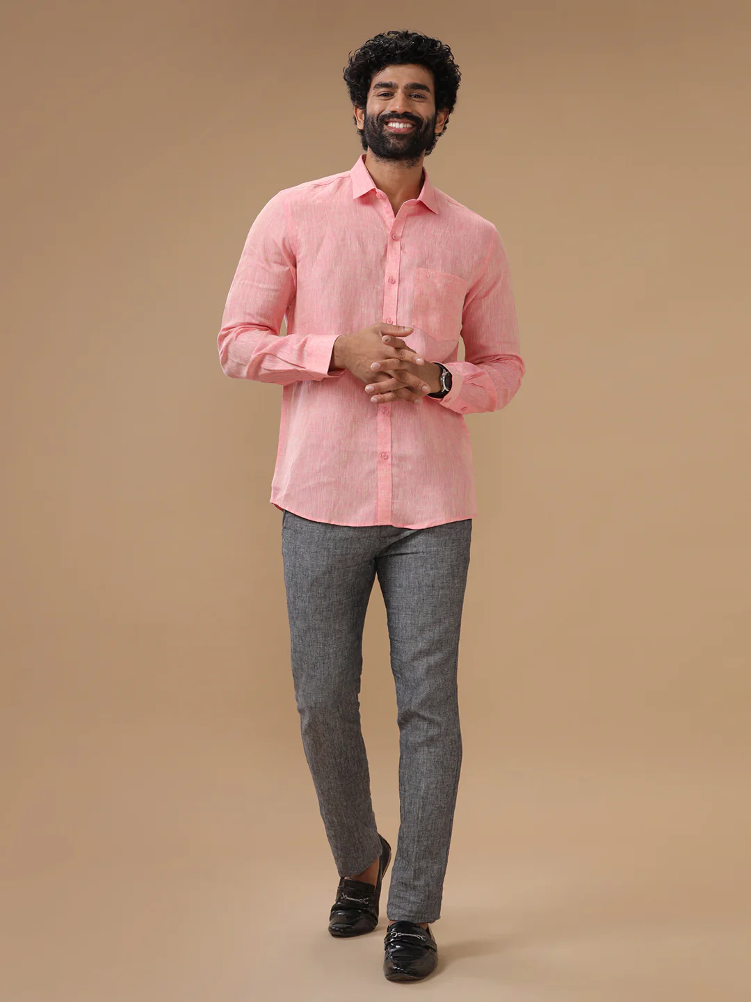 Men Pure Linen Pink Shirt L73 - Image 3