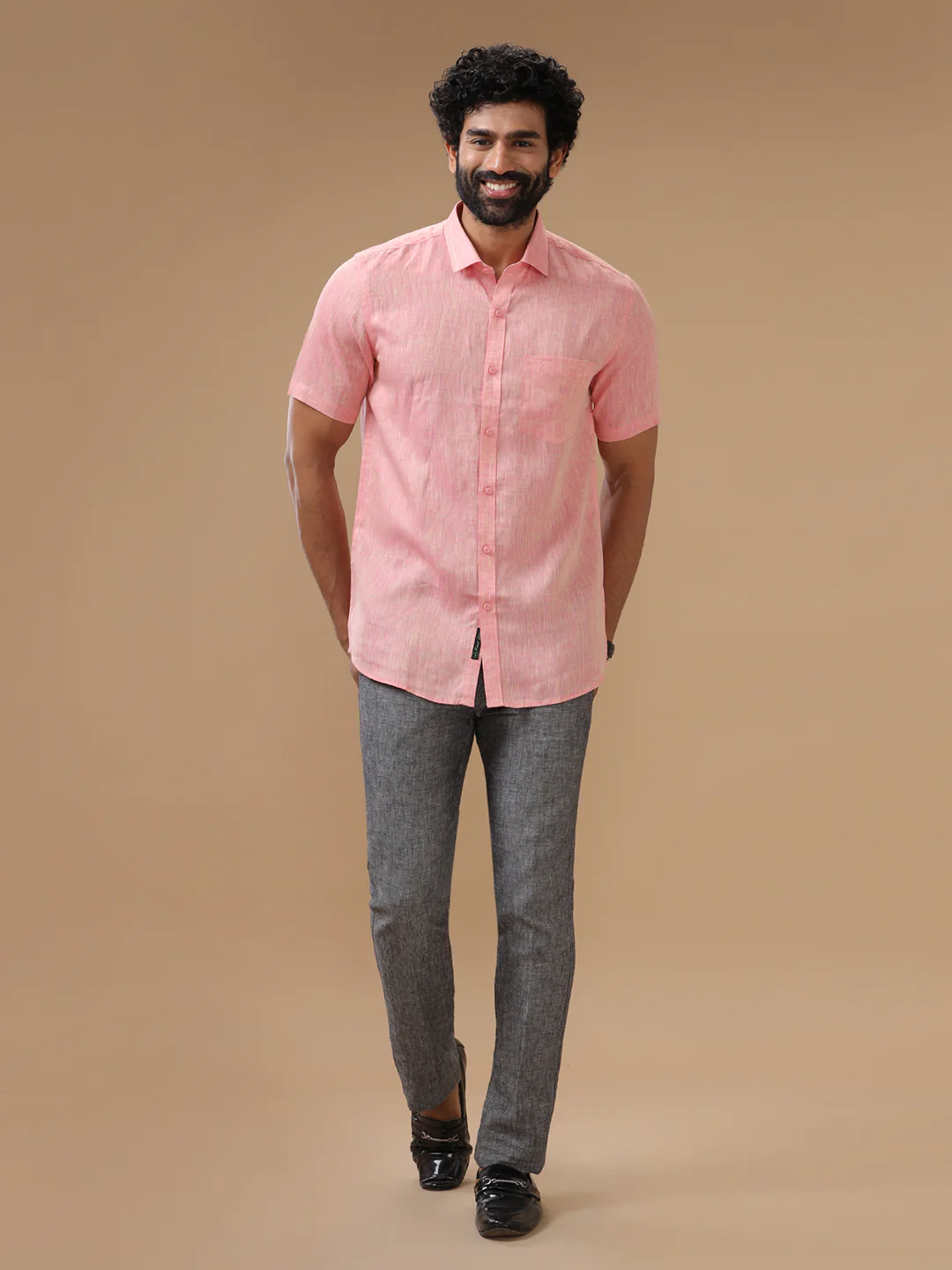 Men Pure Linen Pink Shirt L73 - Image 4