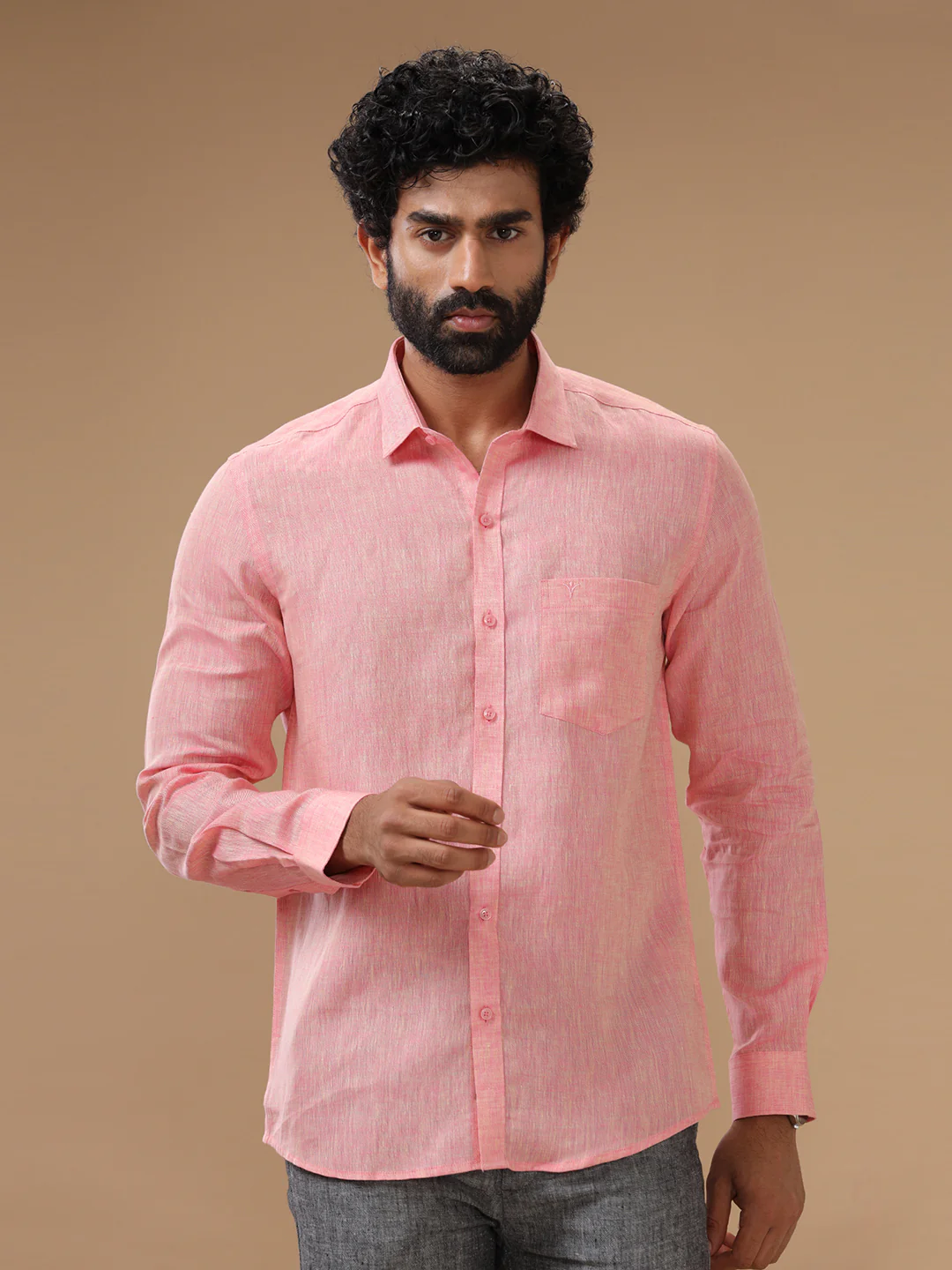 Men Pure Linen Pink Shirt L73 - Image 5