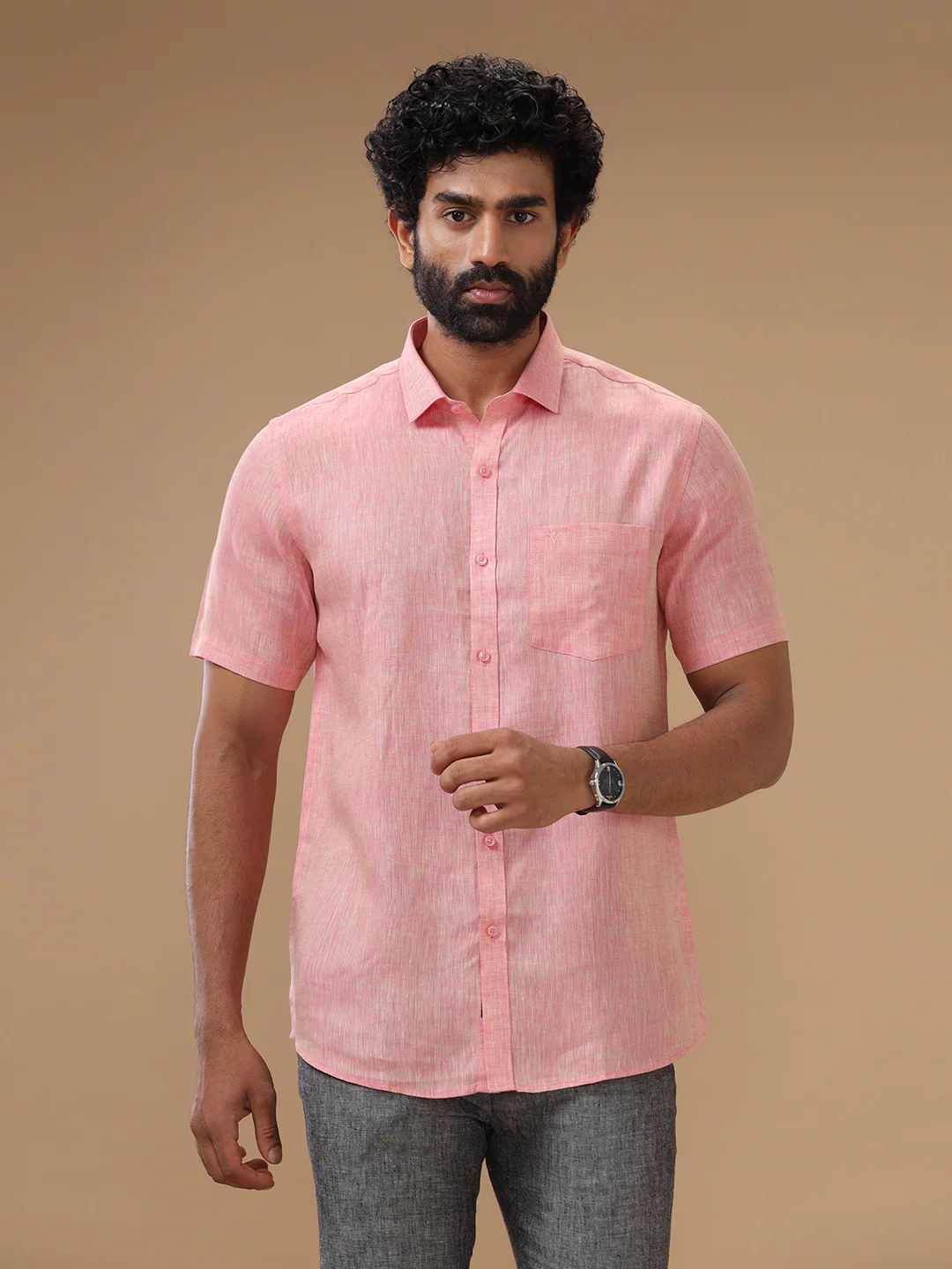 Men Pure Linen Pink Shirt L73 - Image 6