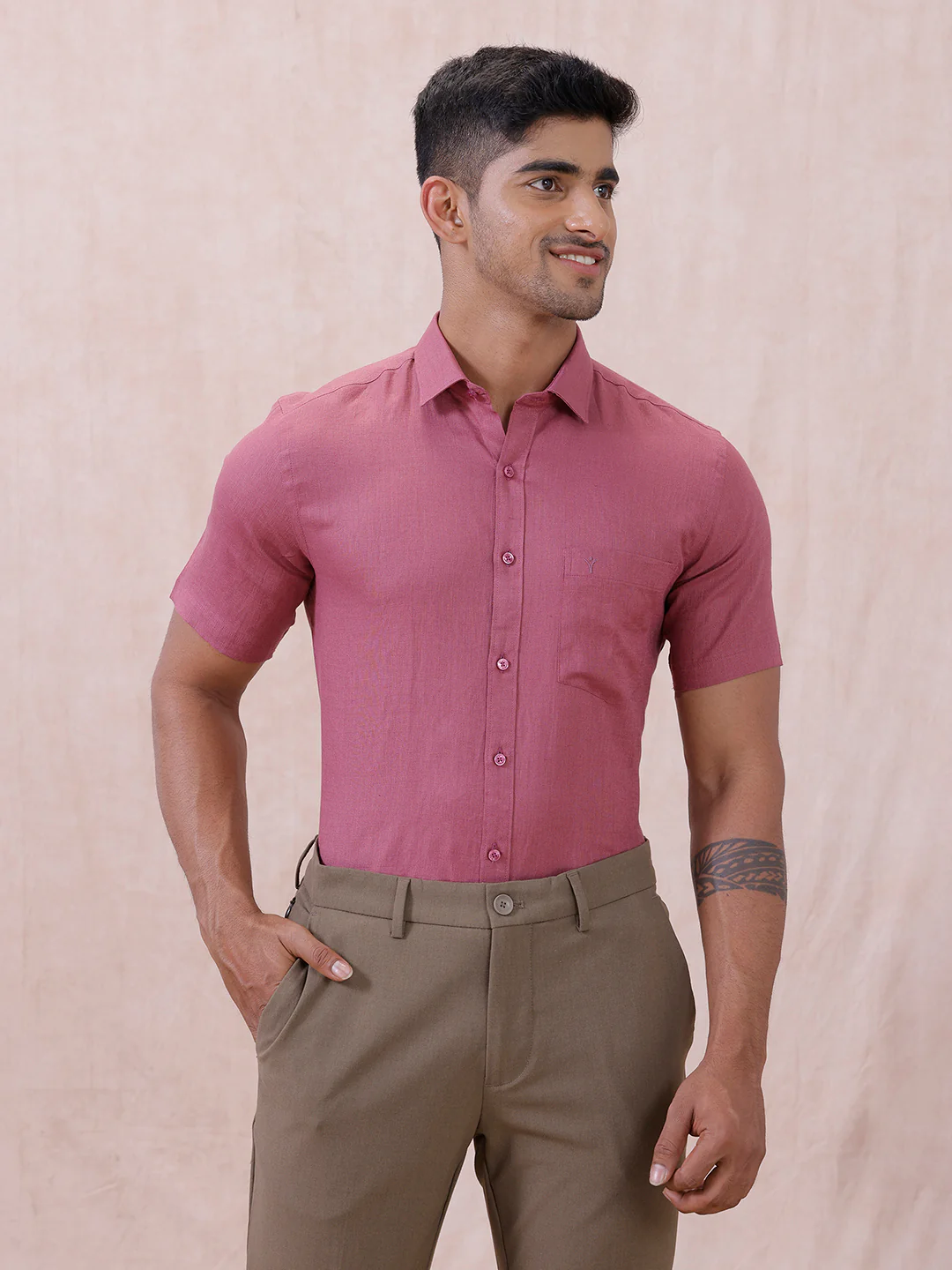 Men Pure Linen Purple Pink Shirt L122 - Image 2